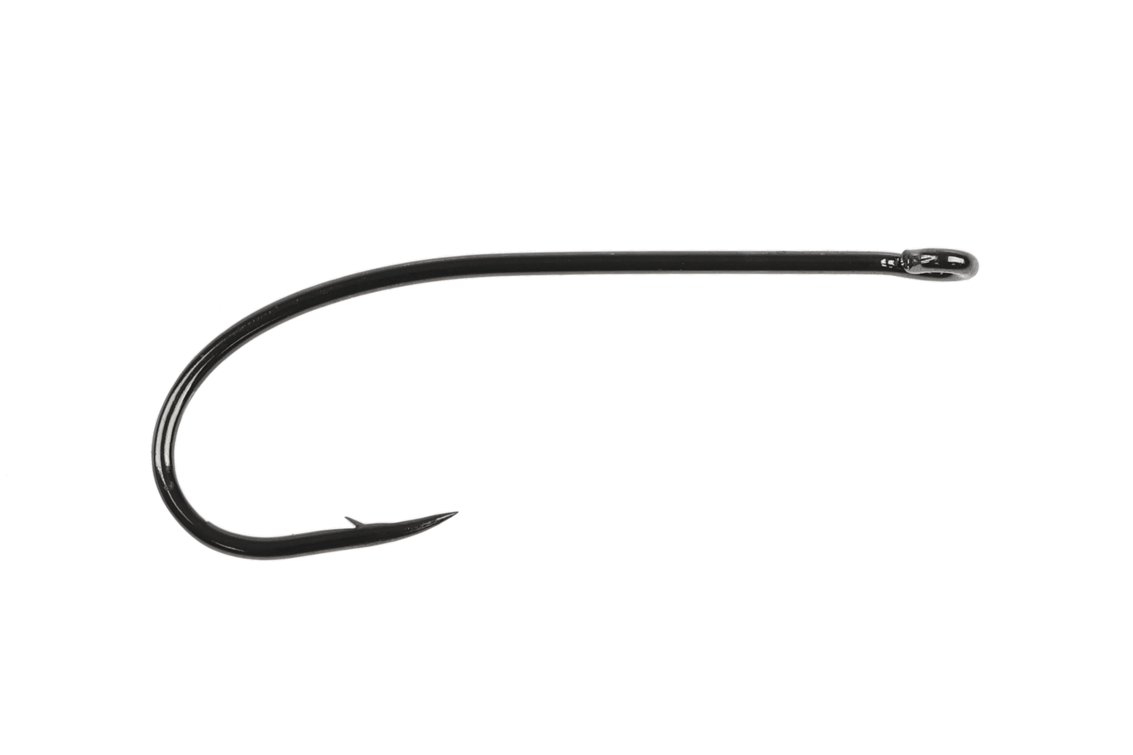 Ahrex FW530 black curved sedge dry fly hook with glossy finish, curved shank, small barb and straight eye