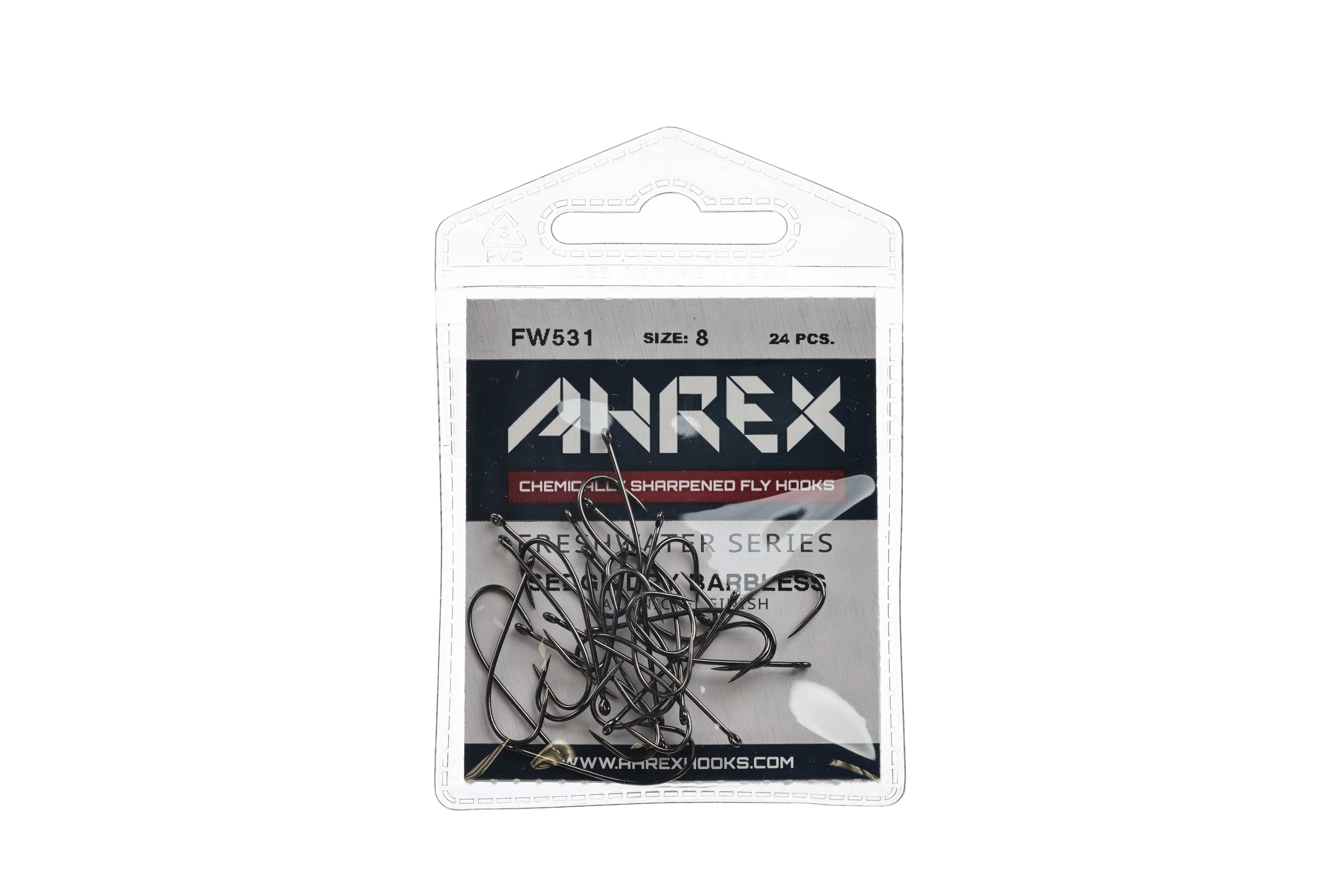 Ahrex FW531 size 8 barbless dry sedge hooks pack with matte black nickel curved fly hooks visible in clear blister