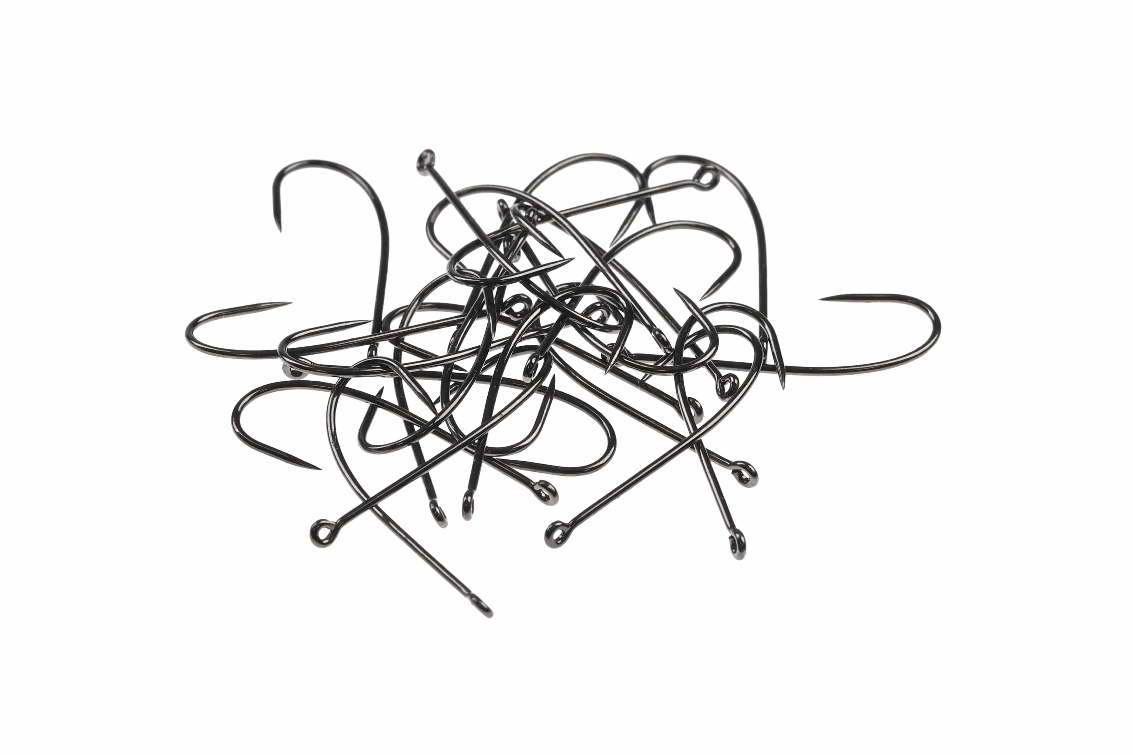 Tangled pile of gunmetal black barbless dry sedge hooks with slim long shanks and small looped eyes, fly tying hooks