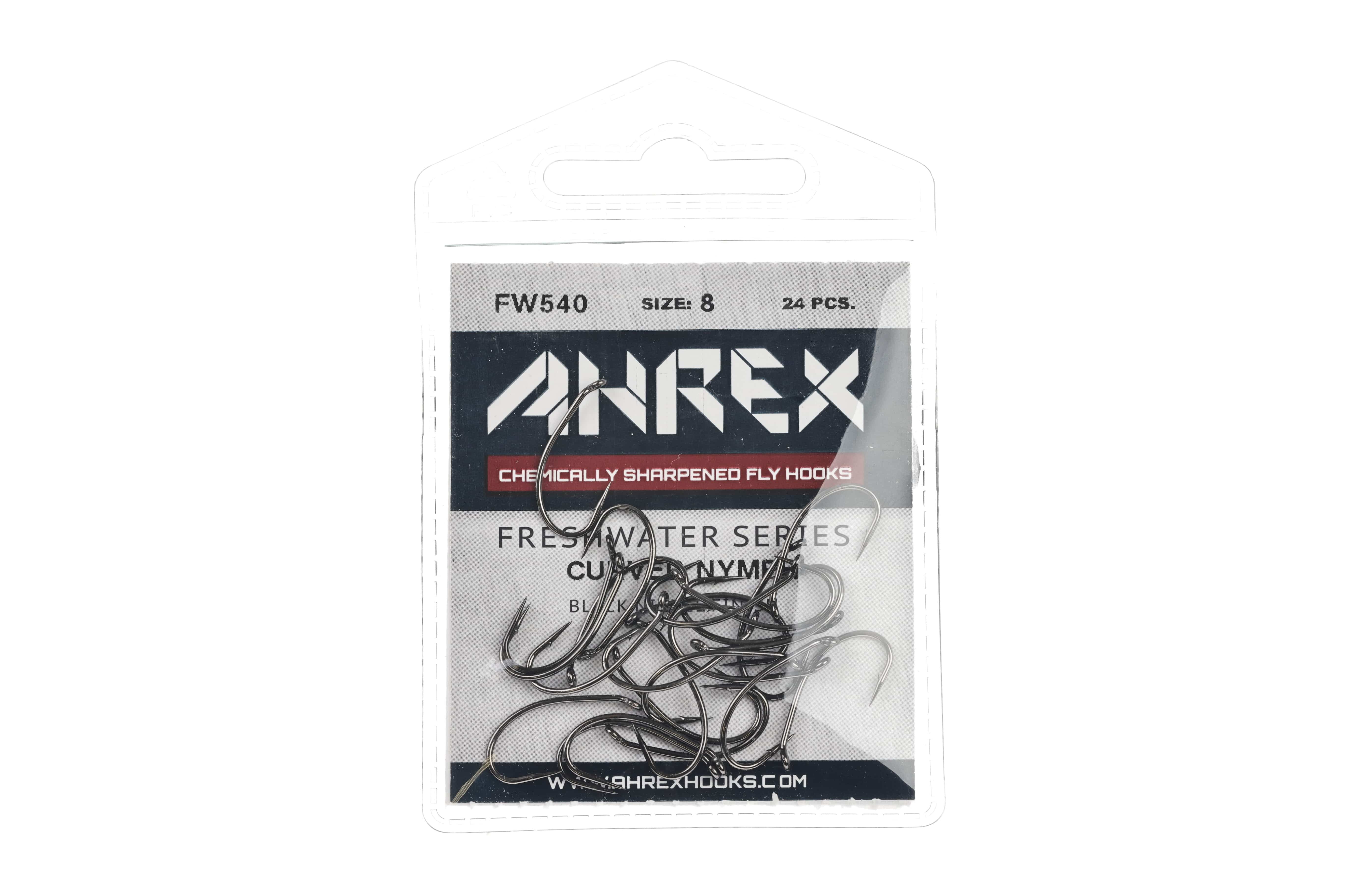 Ahrex FW540 curved nymph hooks, shiny black nickel fly hooks visible in clear blister pack