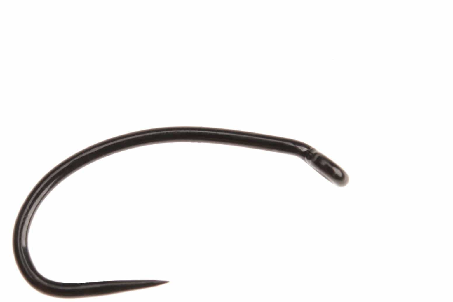 Black glossy metal barbless curved nymph hook with turned-down eye, Ahrex FW541
