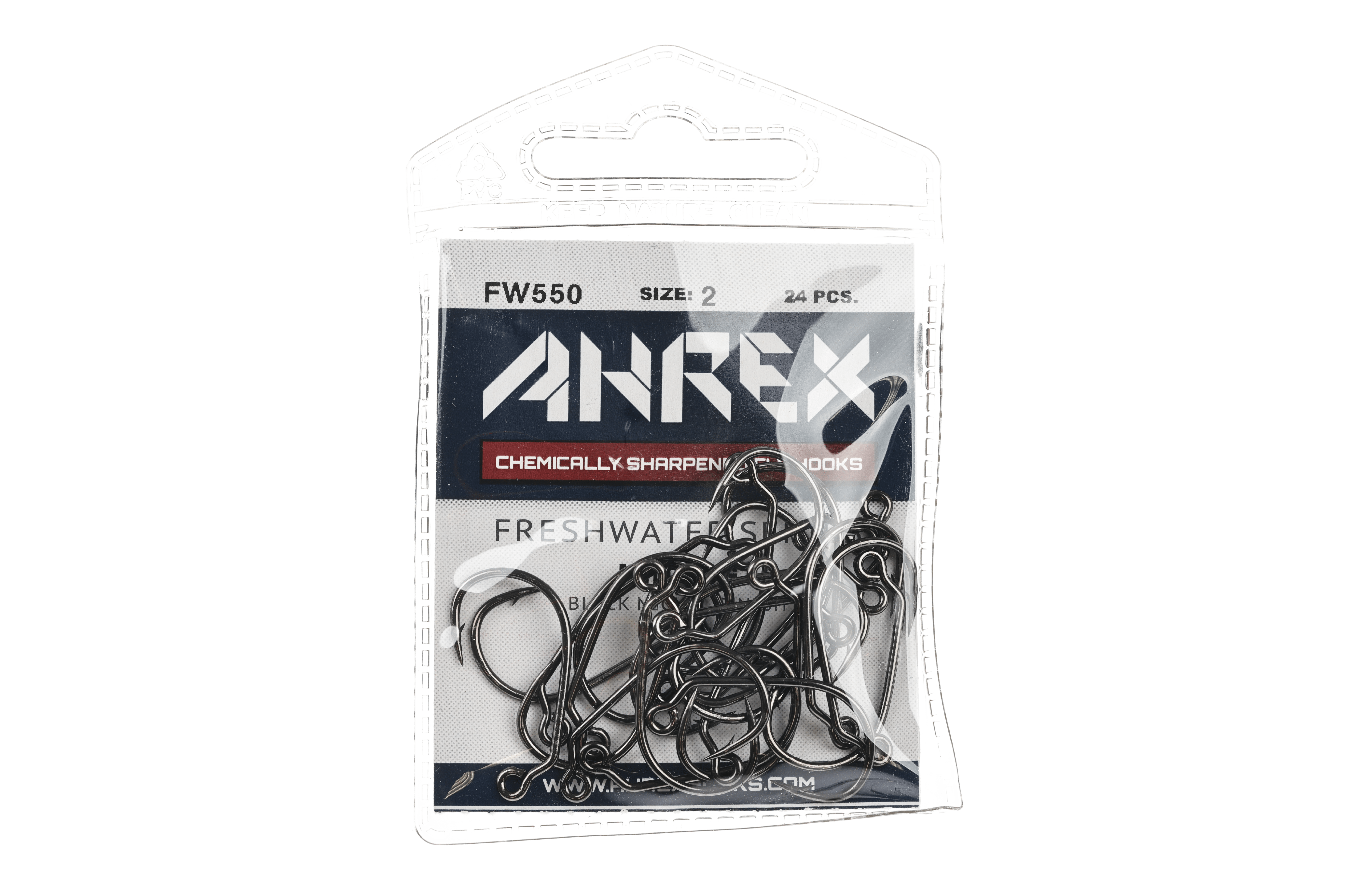 Ahrex FW550 black nickel mini jig hooks in clear blister pack, curved barbed fly-tying hooks