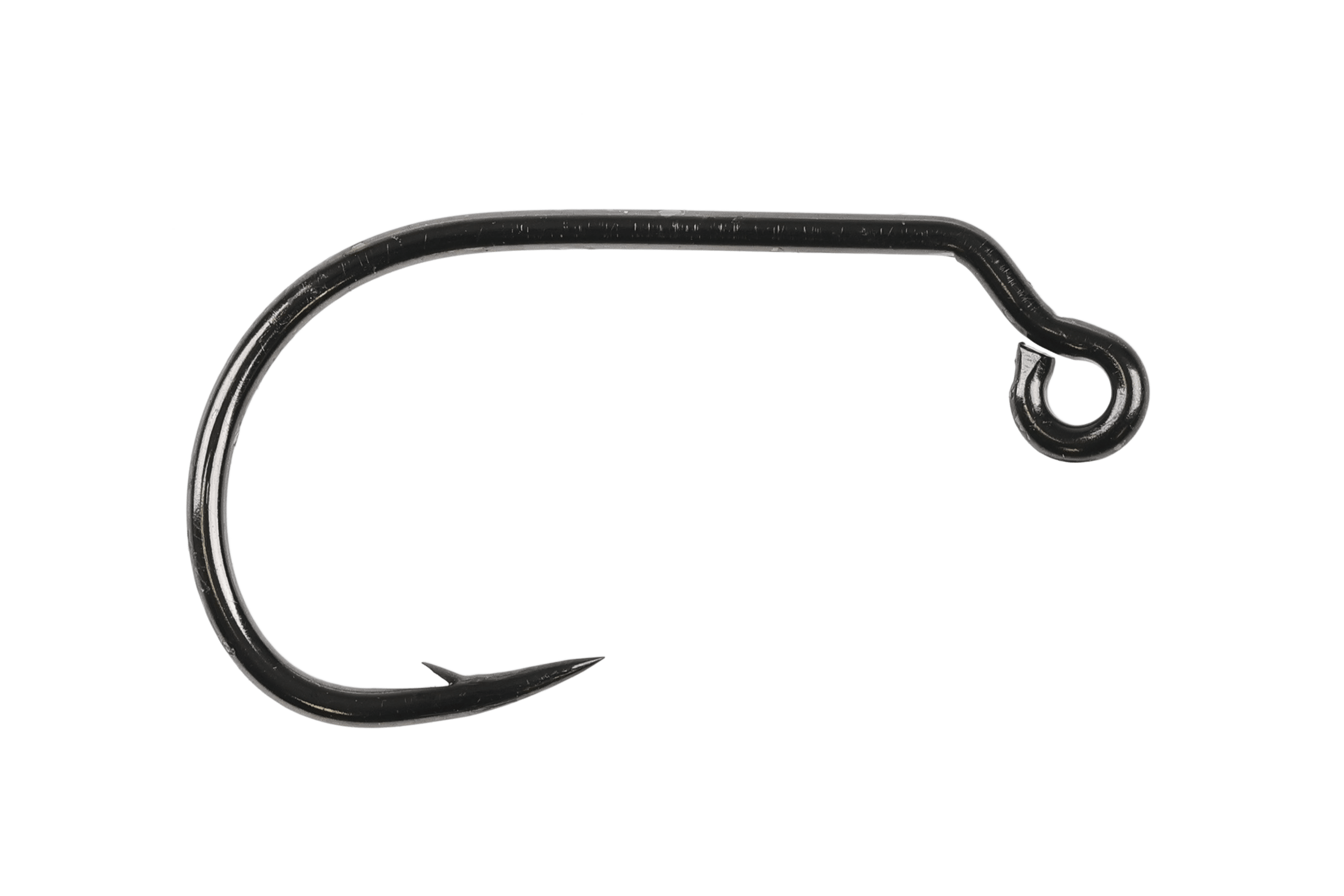 Black metal mini jig hook with turned eye, short curved shank and sharp barbed point for fly tying