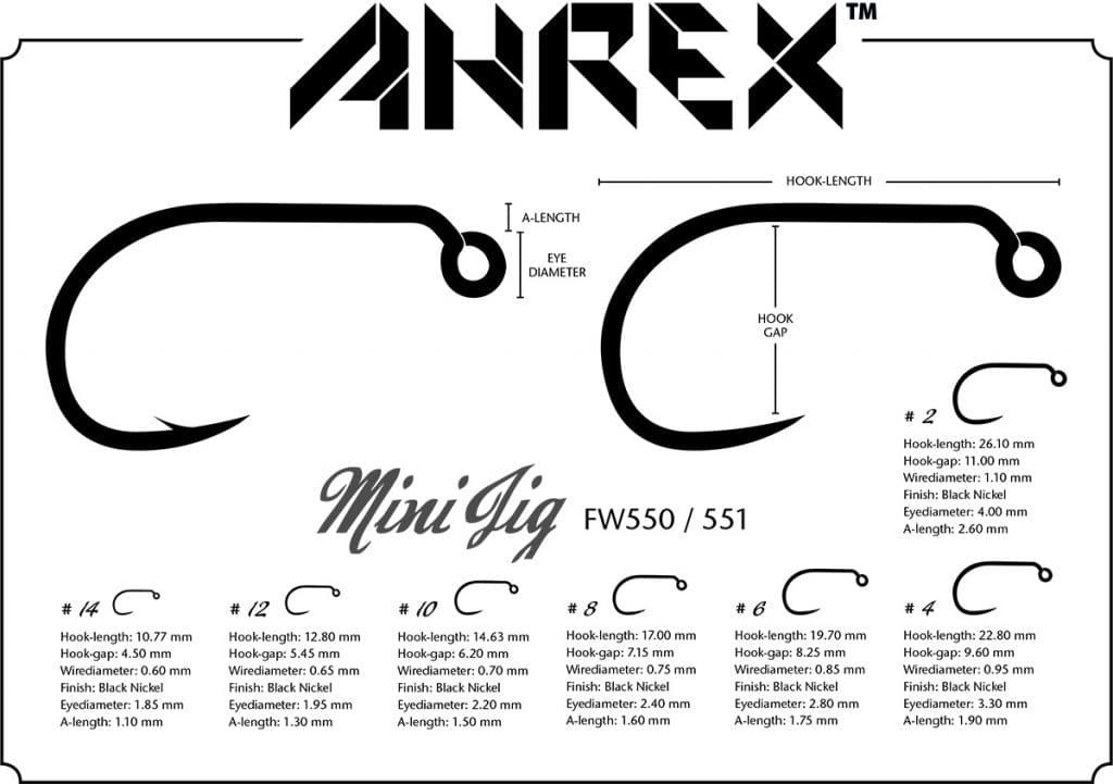 Ahrex FW551 mini barbless jig hooks diagram in black nickel, curved short-shank hook silhouettes for fly tying, size chart