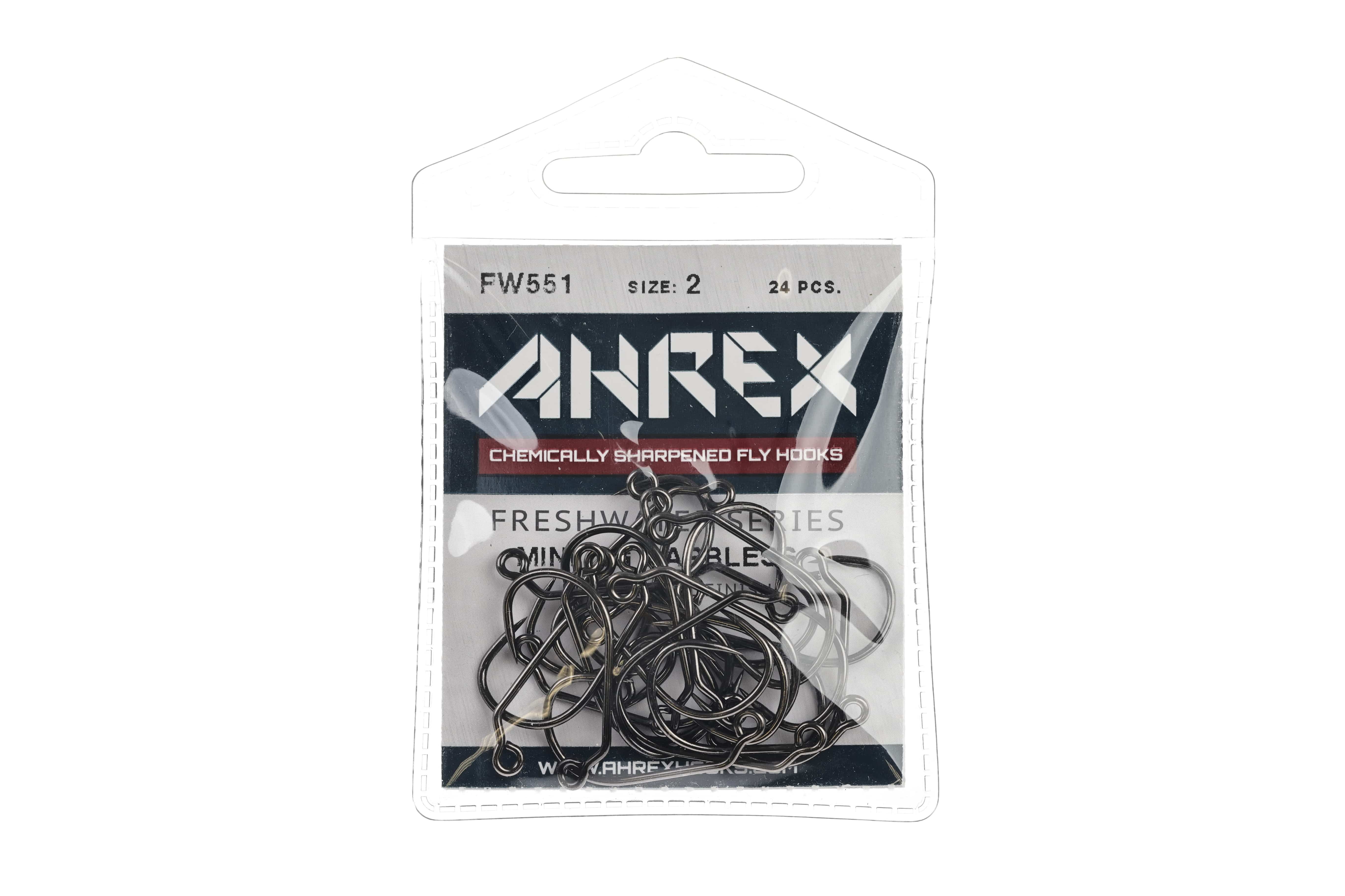 Ahrex FW551 mini barbless jig hooks: matte black metal fly hooks in clear blister pack with size 2 label