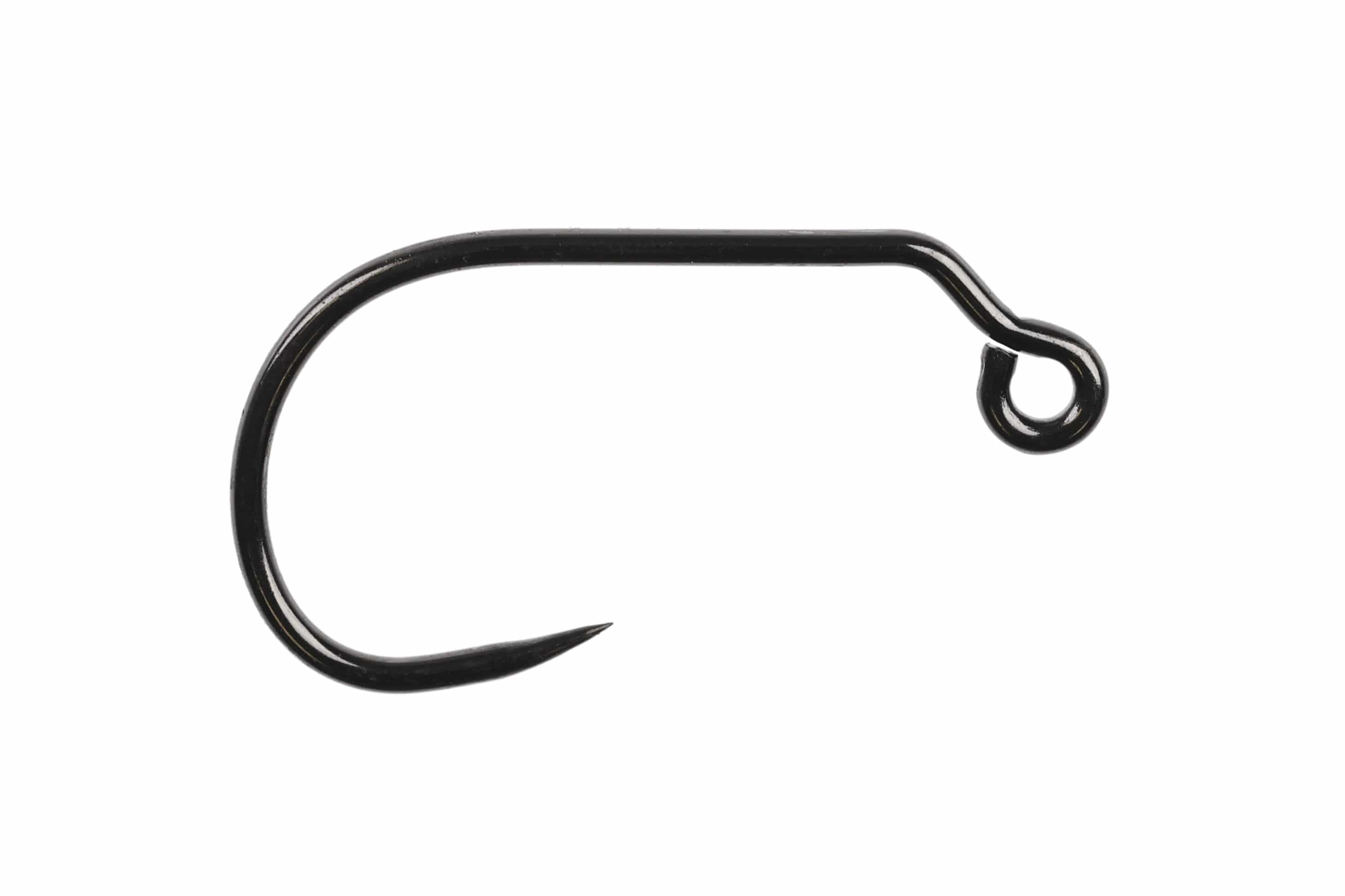 Black nickel Ahrex FW551 mini barbless jig hook with rounded bend, short up-eye shank for fly tying