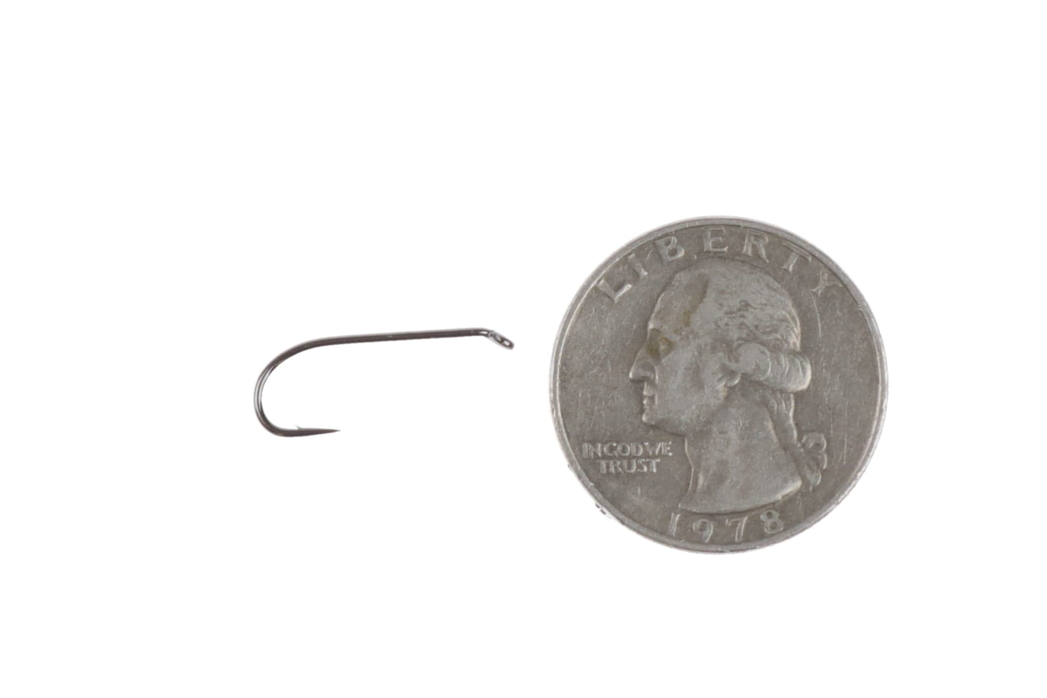 Ahrex FW560 black nickel nymph hook for fly tying, curved fine-point hook beside US quarter for scale
