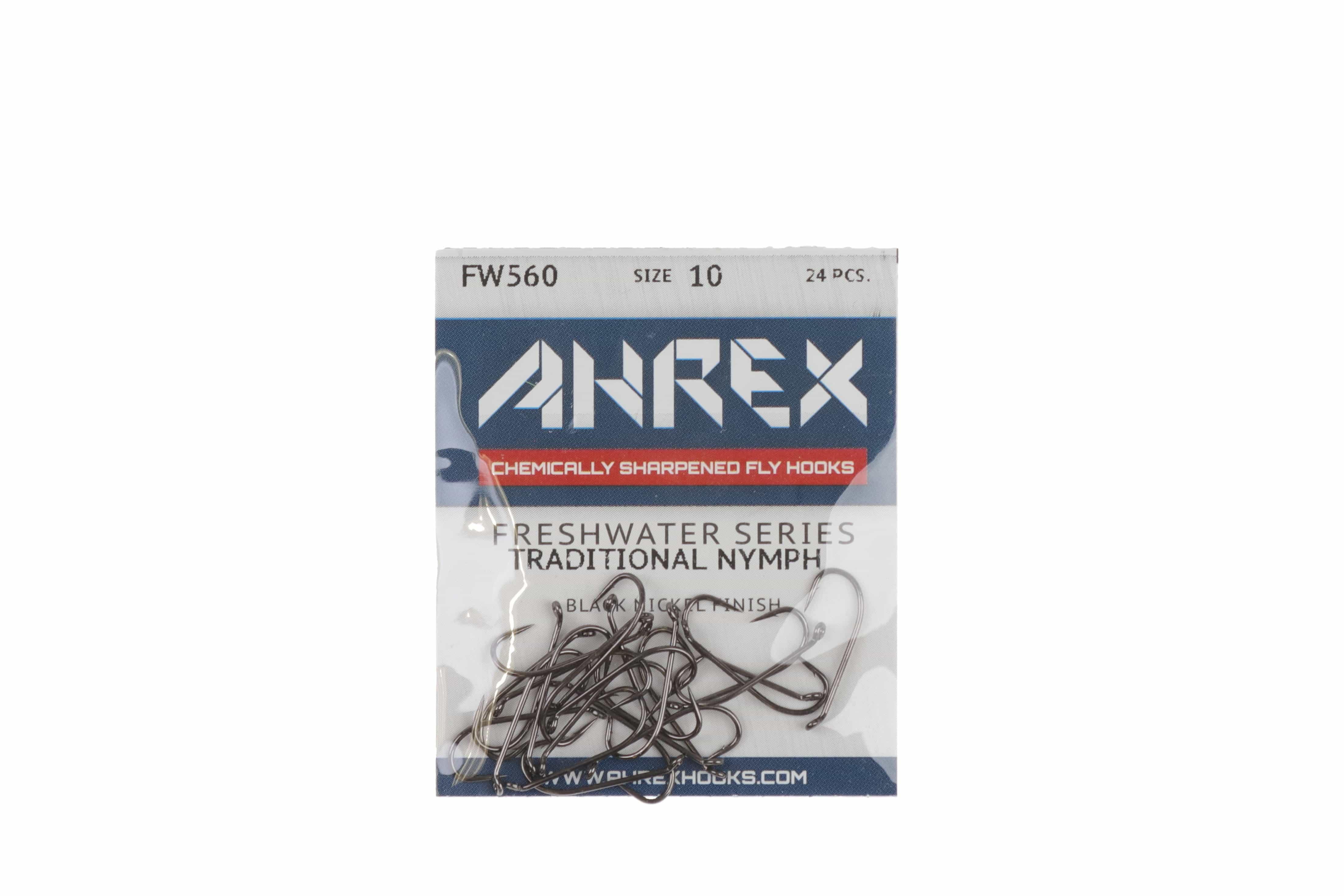 Ahrex FW560 size 10 black nickel traditional nymph fly hooks in clear pack with piled hooks and blue logo