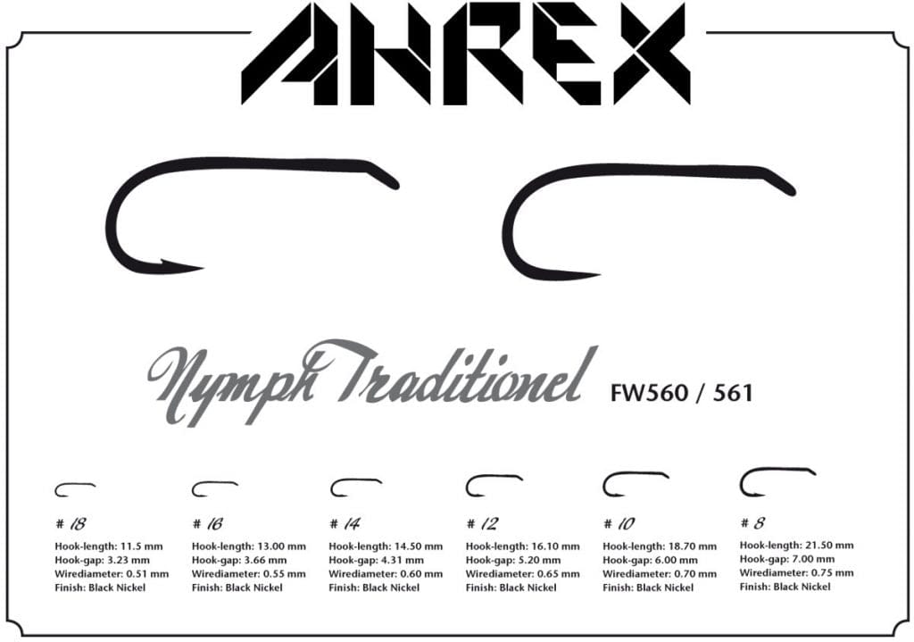 Ahrex FW561 barbless nymph hooks silhouettes, black nickel curved fly-tying hooks diagram showing sizes and measurements