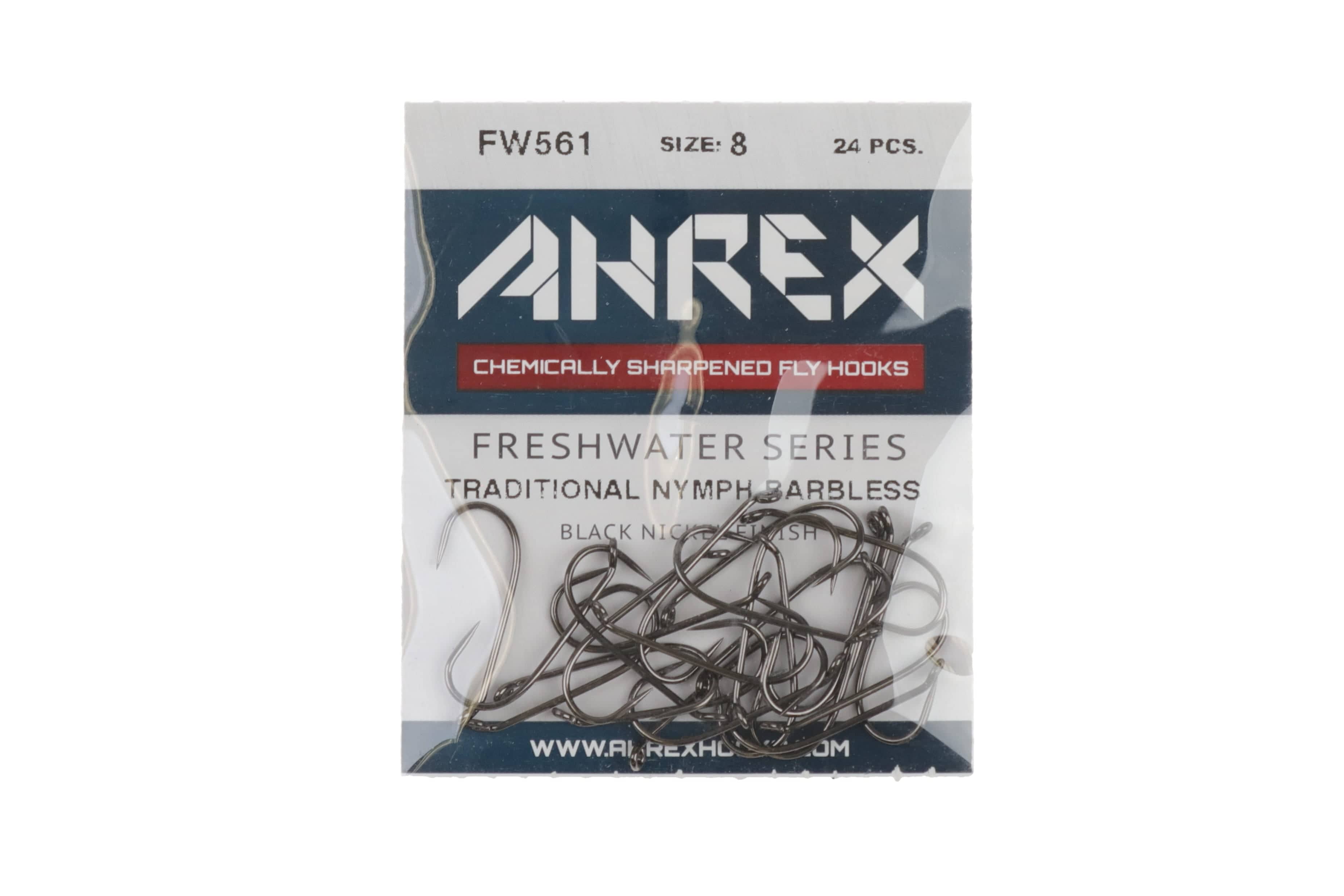 Ahrex FW561 black nickel barbless nymph fly hooks size 8, pile of matte dark steel hooks in clear retail pack