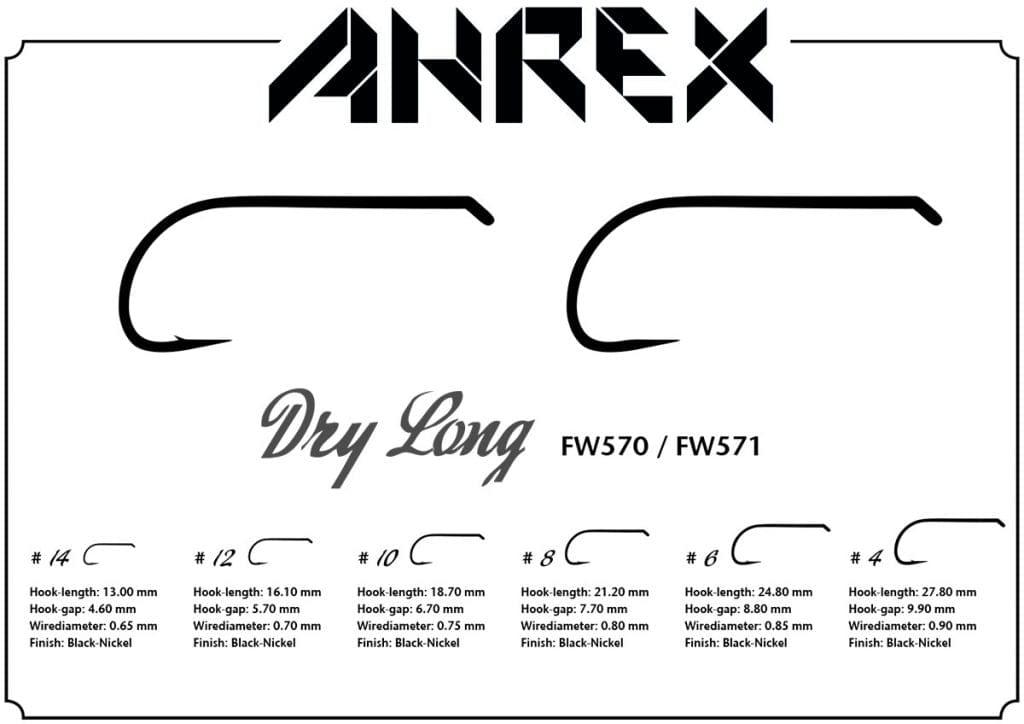 Ahrex FW570 dry fly hooks, black-nickel long-shank up-eye style with curved point, sizes #14-#4 for fly tying