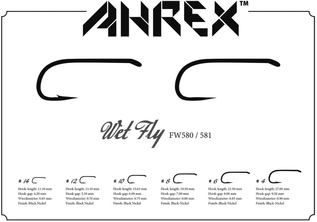 Ahrex wet fly hooks diagram showing black-nickel curved hooks on white card with logo and size/spec listings