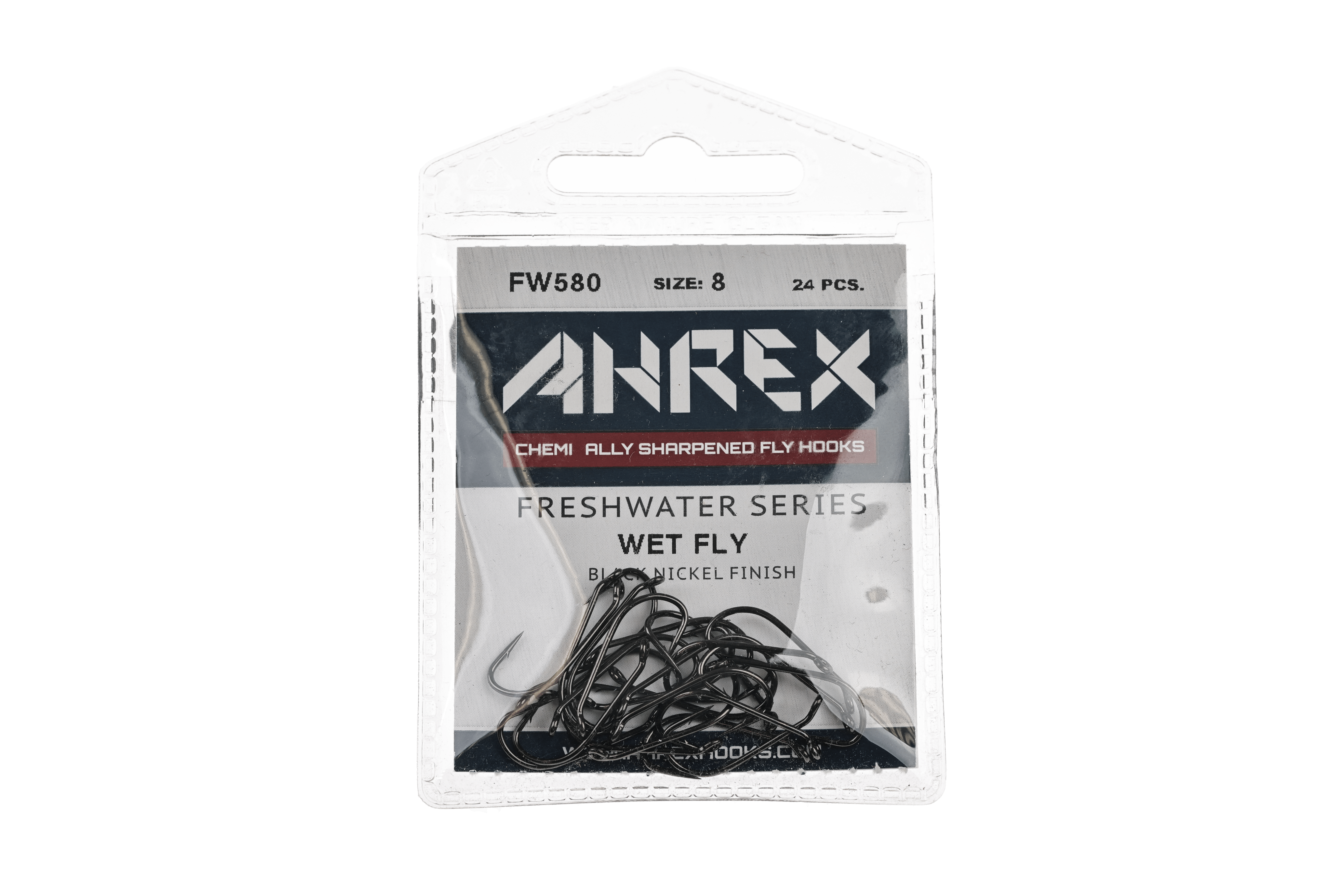 Ahrex FW580 wet fly hooks, black nickel finish in clear blister pack with branded label