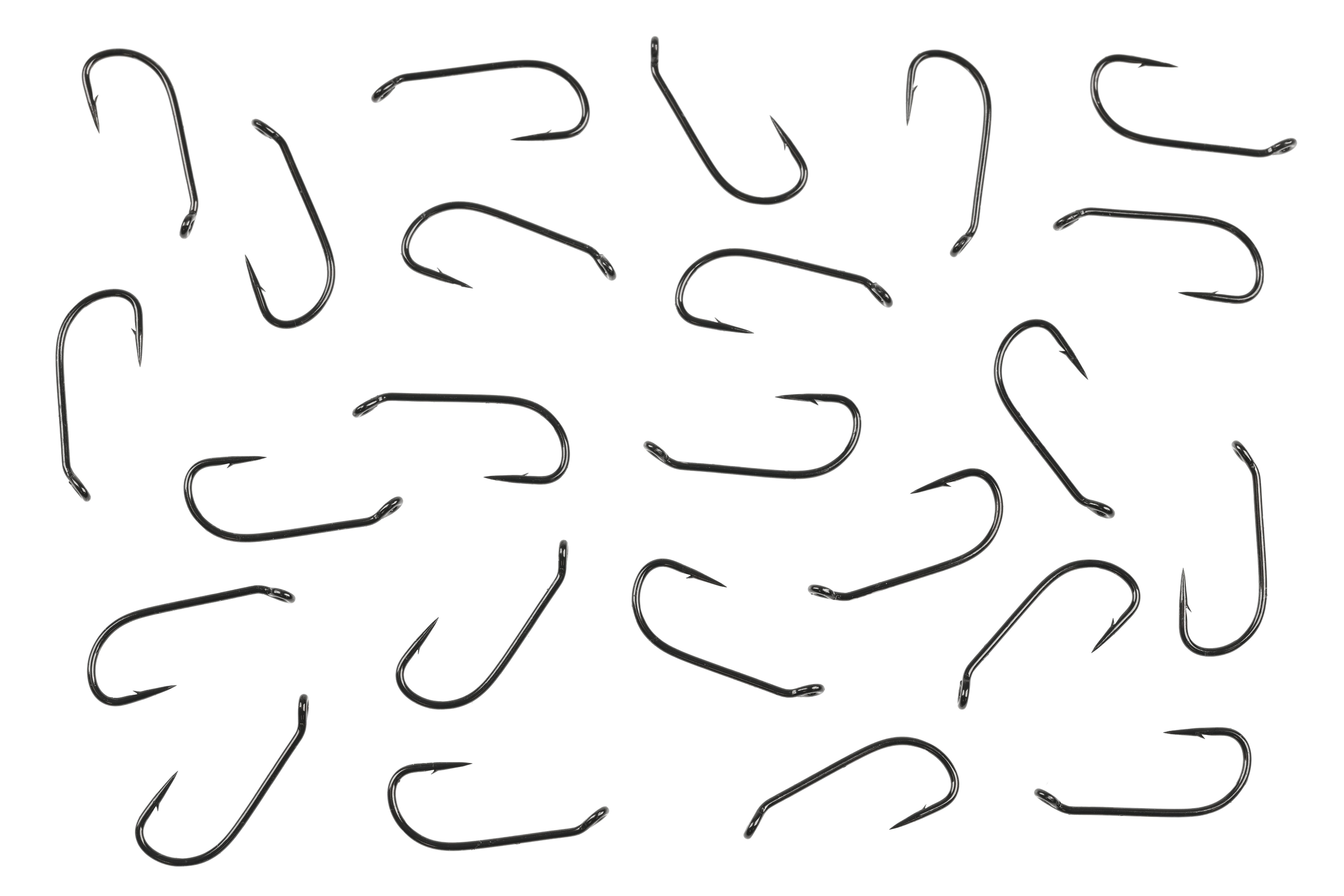 Scattered Ahrex FW580 black wet fly hooks with curved shanks and barbed points on white background