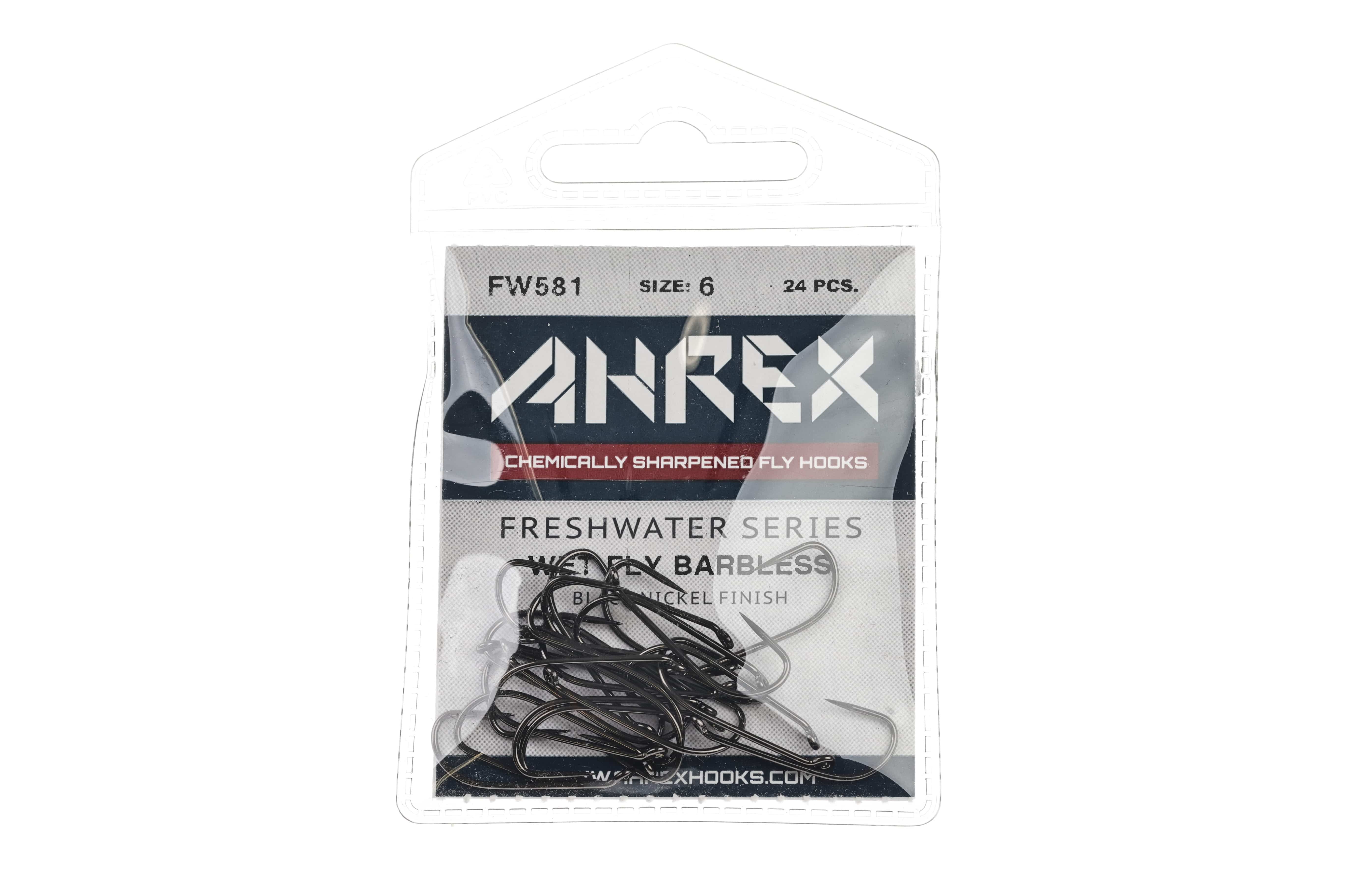 Ahrex FW581 barbless wet fly hooks pack - black nickel size 6 hooks in clear blister pack, 24 pcs, freshwater series label