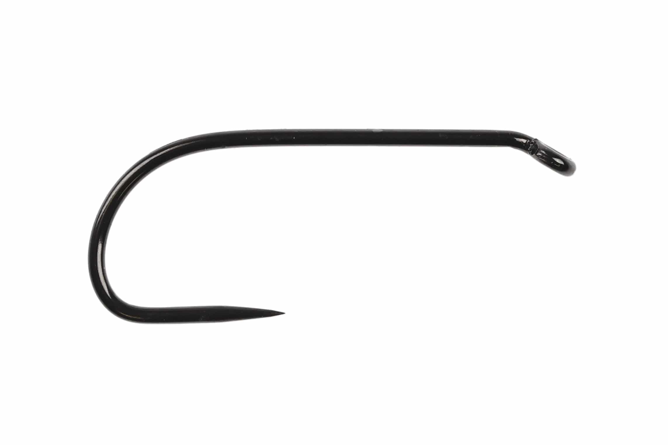 Ahrex FW581 black glossy barbless wet fly hook, curved metal shank and turned-down eye for fly tying