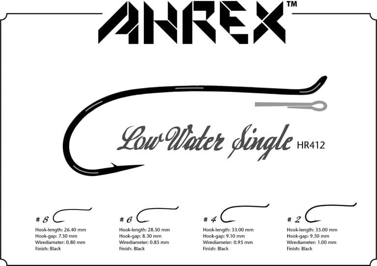 Ahrex HR412 Low Water single salmon hook illustration, black forged-steel fly-tying hook with downturned point and eye