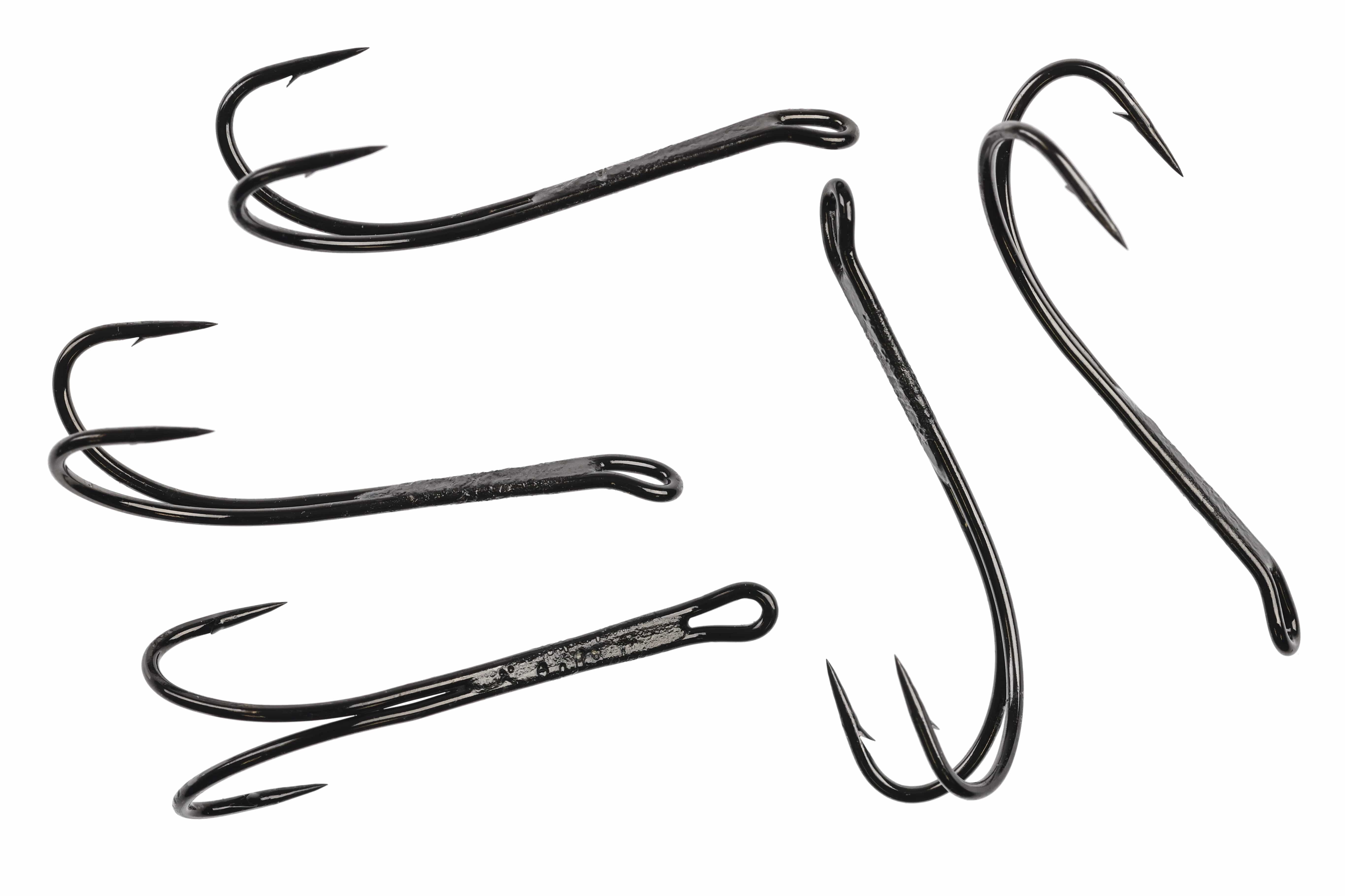 Glossy black Ahrex HR420 progressive double hooks with barbed points and plated steel shanks for fly tying