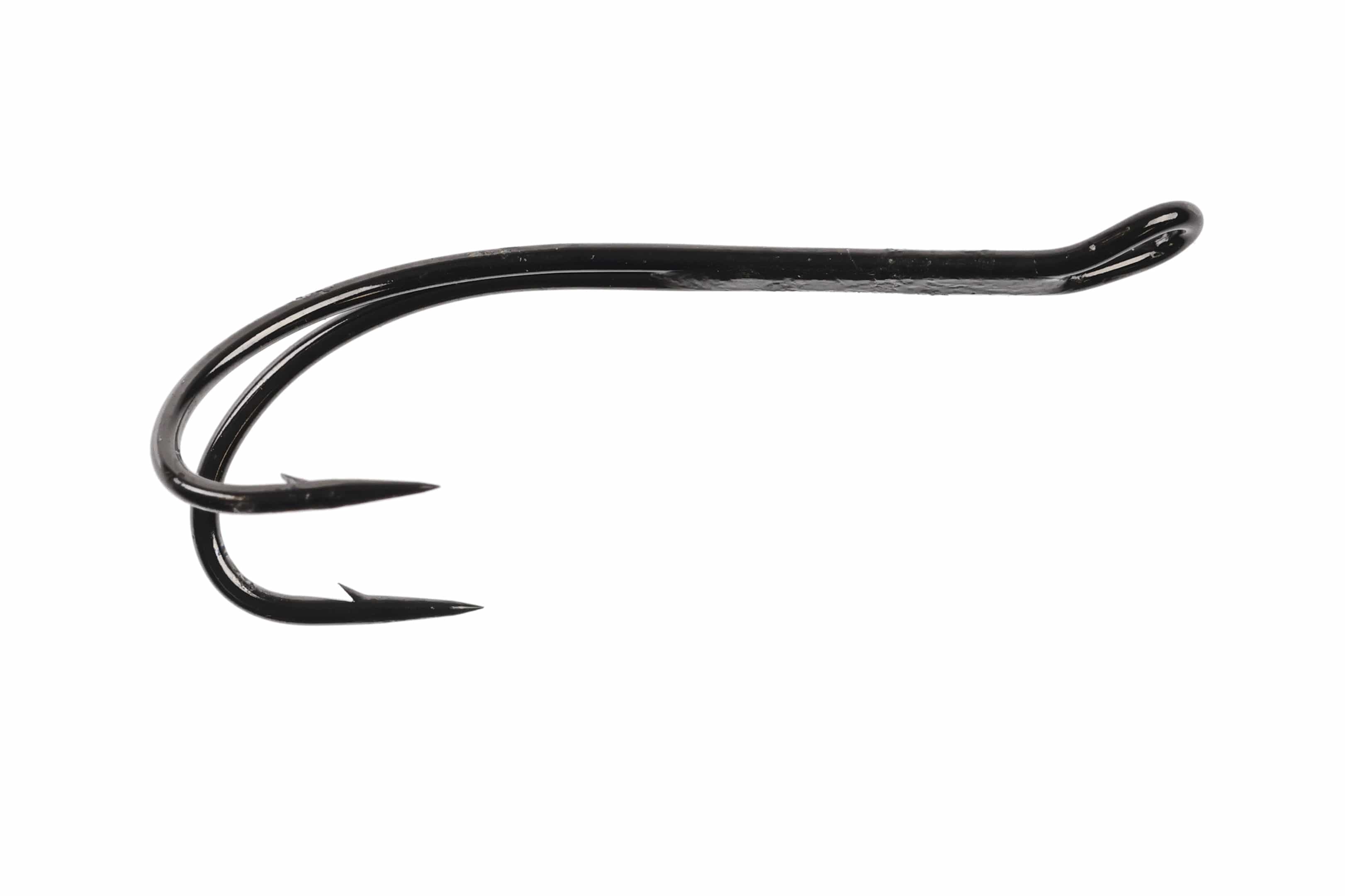 Black coated steel progressive double hook with twin barbs, curved shank and wide gape for fly tying
