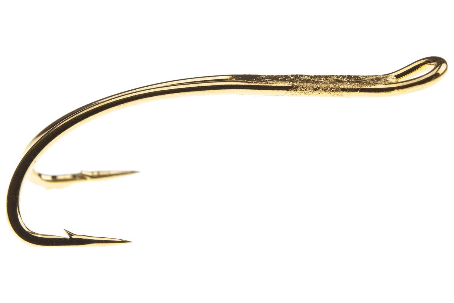 Gold-plated progressive double hook (Ahrex HR420G) with curved barbed shank and tapered eye for fly tying