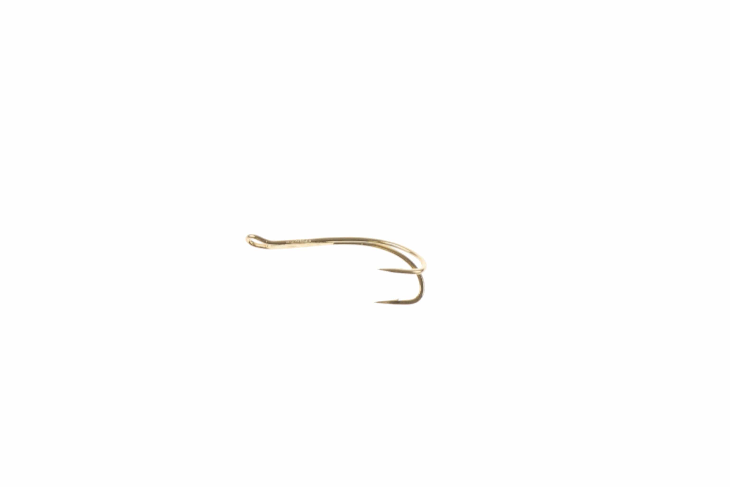 Gold Ahrex progressive double hooks, polished metal twin barbed points and curved shank for fly tying