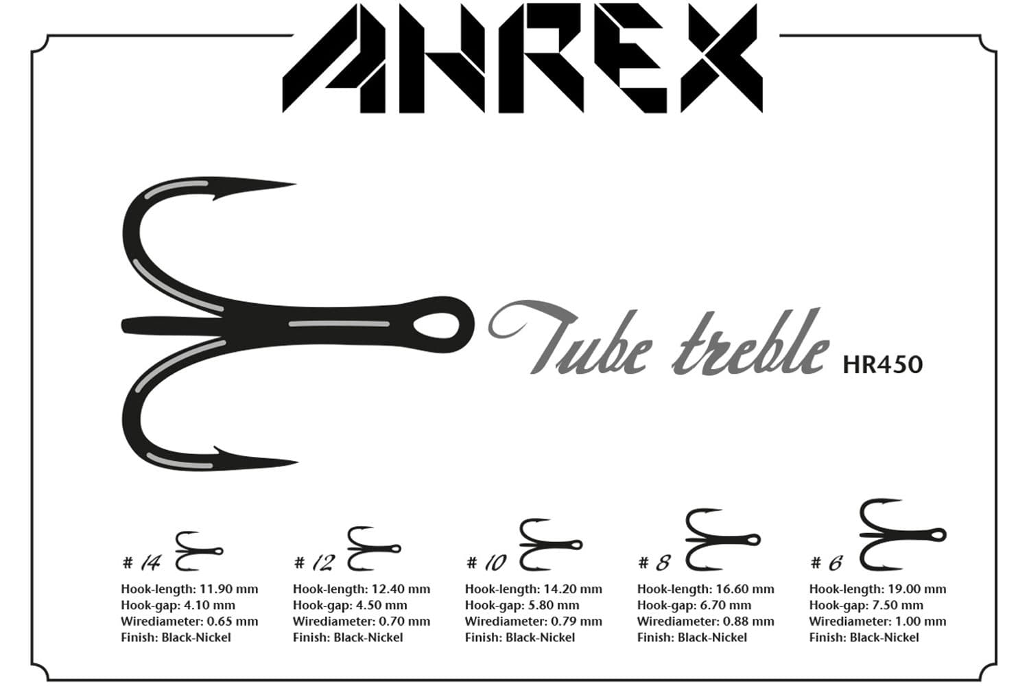 Black-nickel Ahrex HR450 tube treble hooks, stylized black triple-barbed hooks with tube eye for fly tying