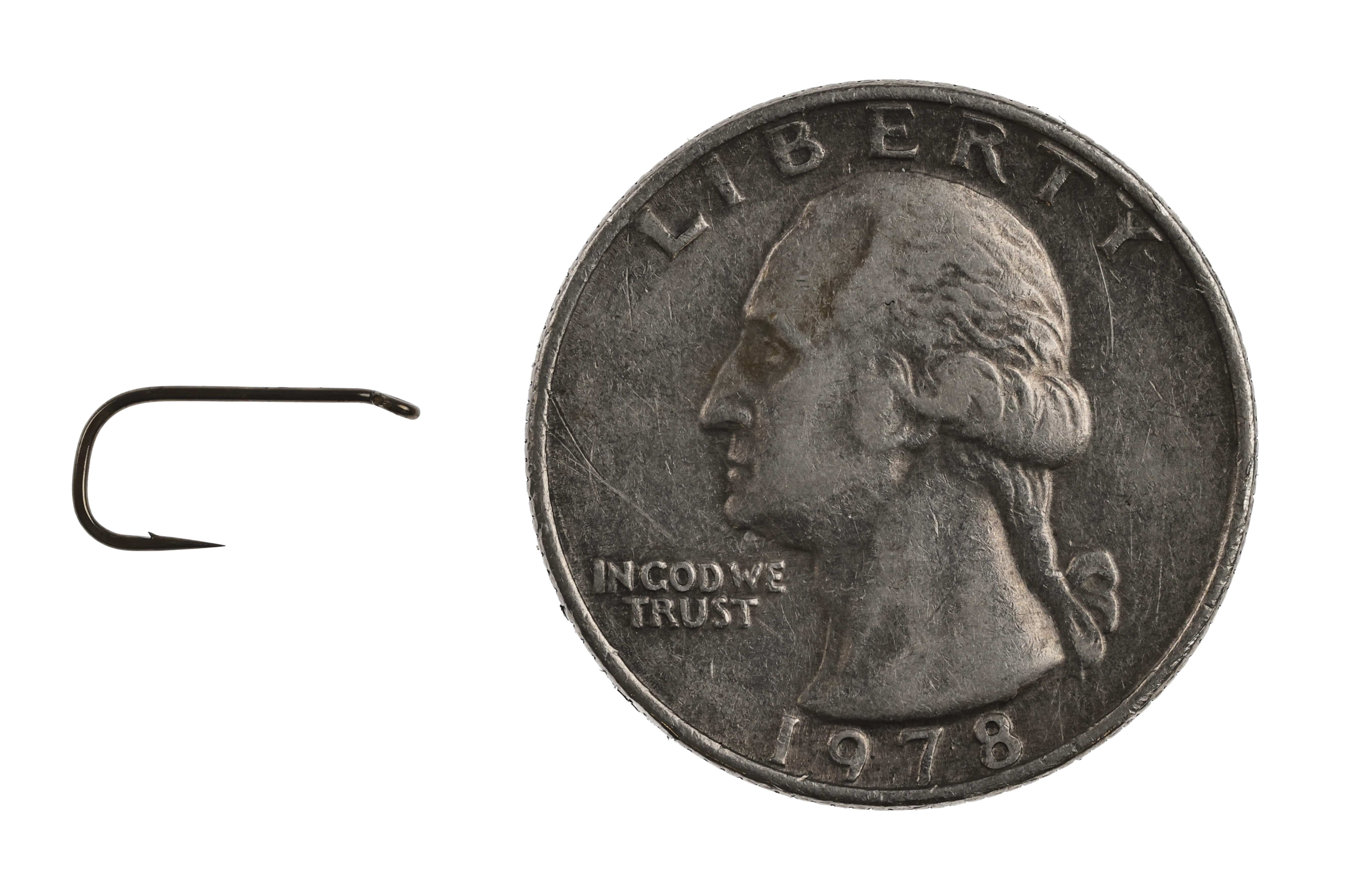 Ahrex North Country spider fly-tying hook black nickel beside US quarter for scale, curved short shank and barbed point