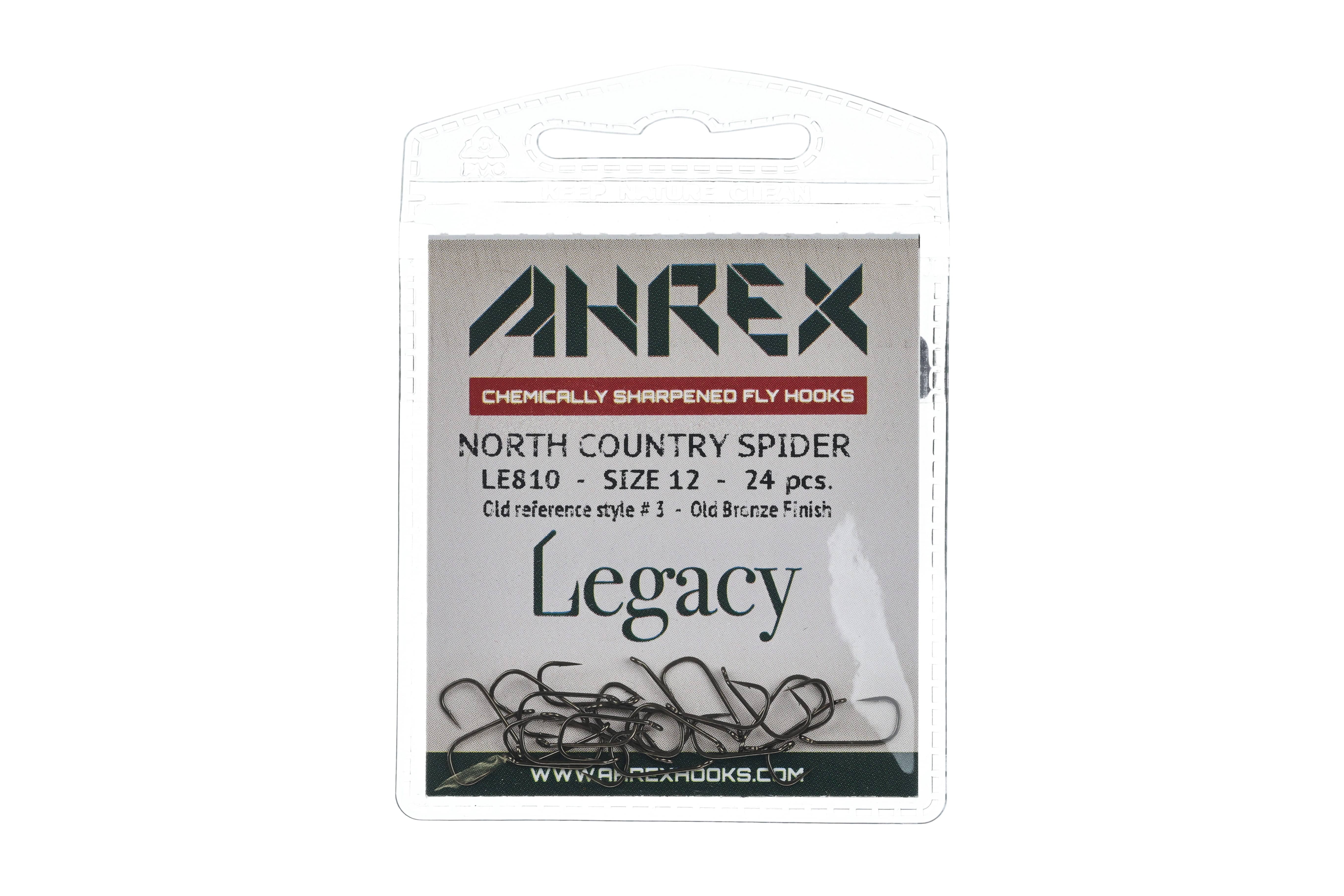 Ahrex Legacy North Country Spider fly hooks in clear blister pack, old bronze curved spider-style hooks on beige label