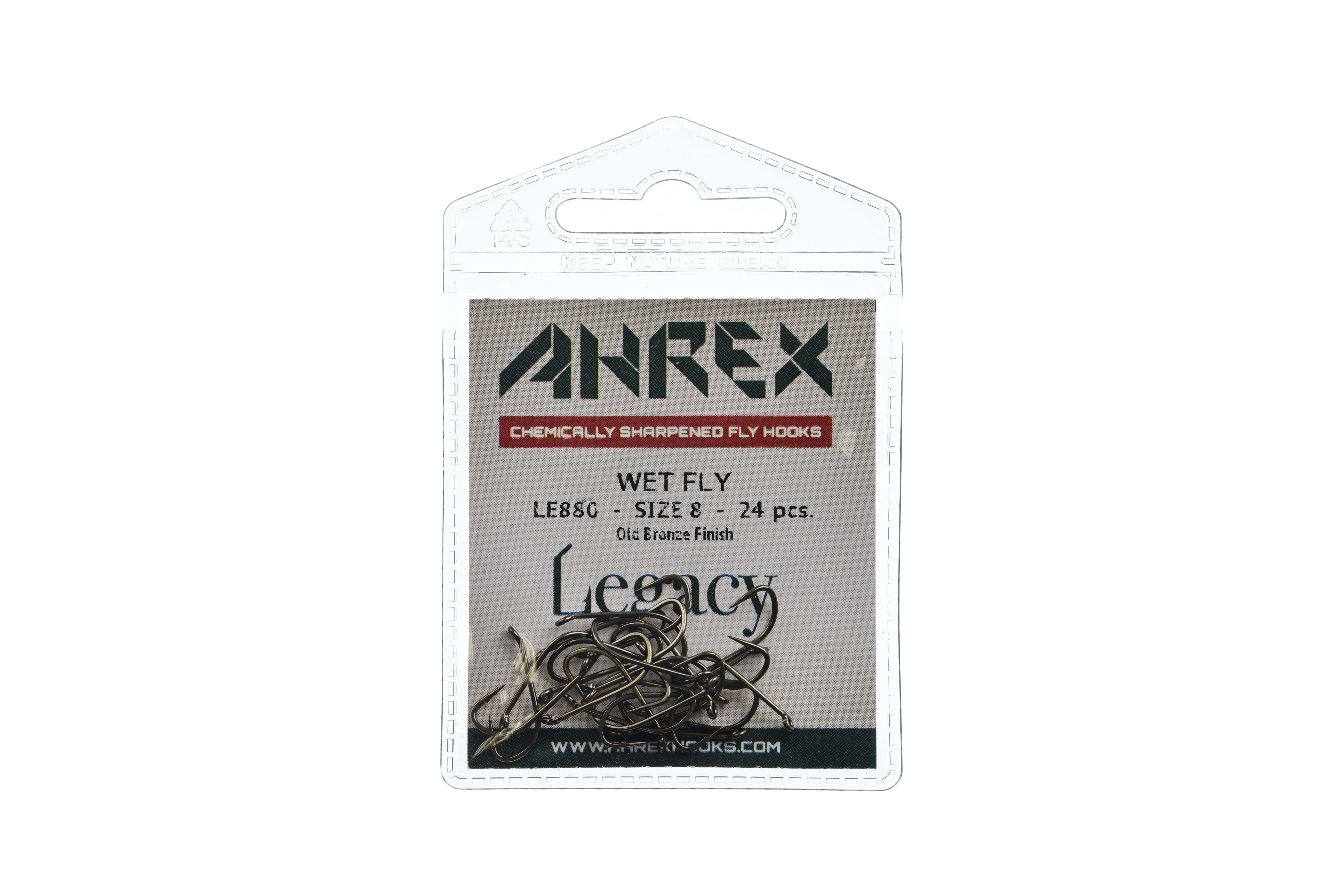 Ahrex Legacy wet fly hooks pack with old-bronze curved steel hooks on gray card, clear blister packaging