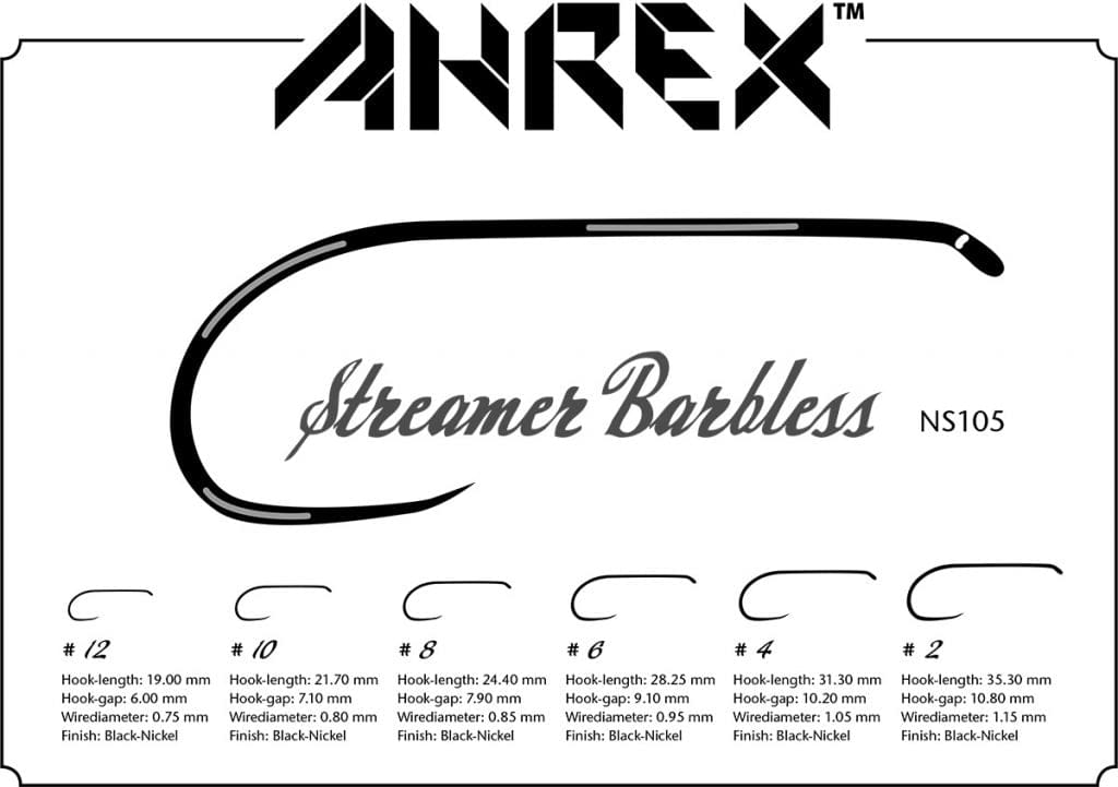 Ahrex NS105 black-nickel streamer down-eye barbless hooks showing hook profiles and sizes on white background