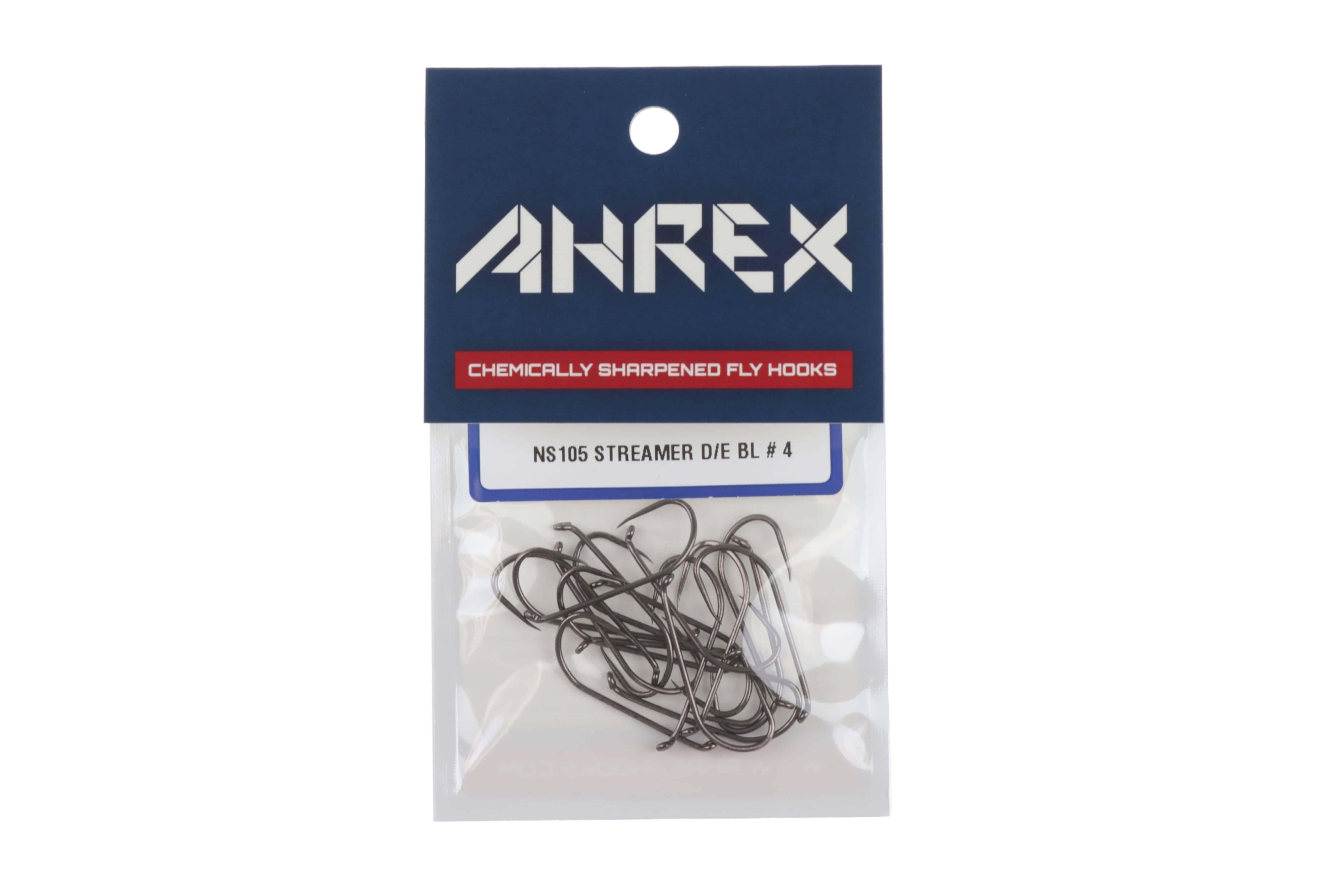 Ahrex NS105 barbless fly hooks, gunmetal stainless curved down-eye hooks in clear pouch with navy logo header