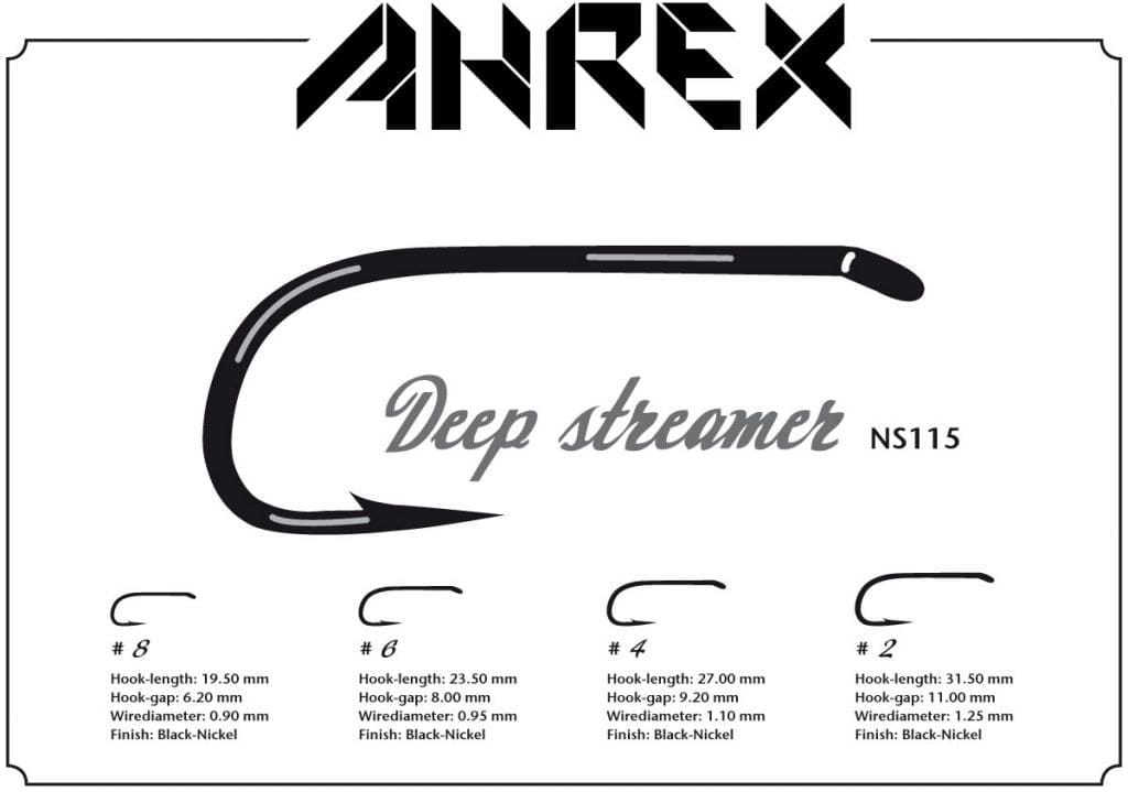 Ahrex black-nickel streamer hooks illustration, curved long-shank streamer style for fly tying with size markings