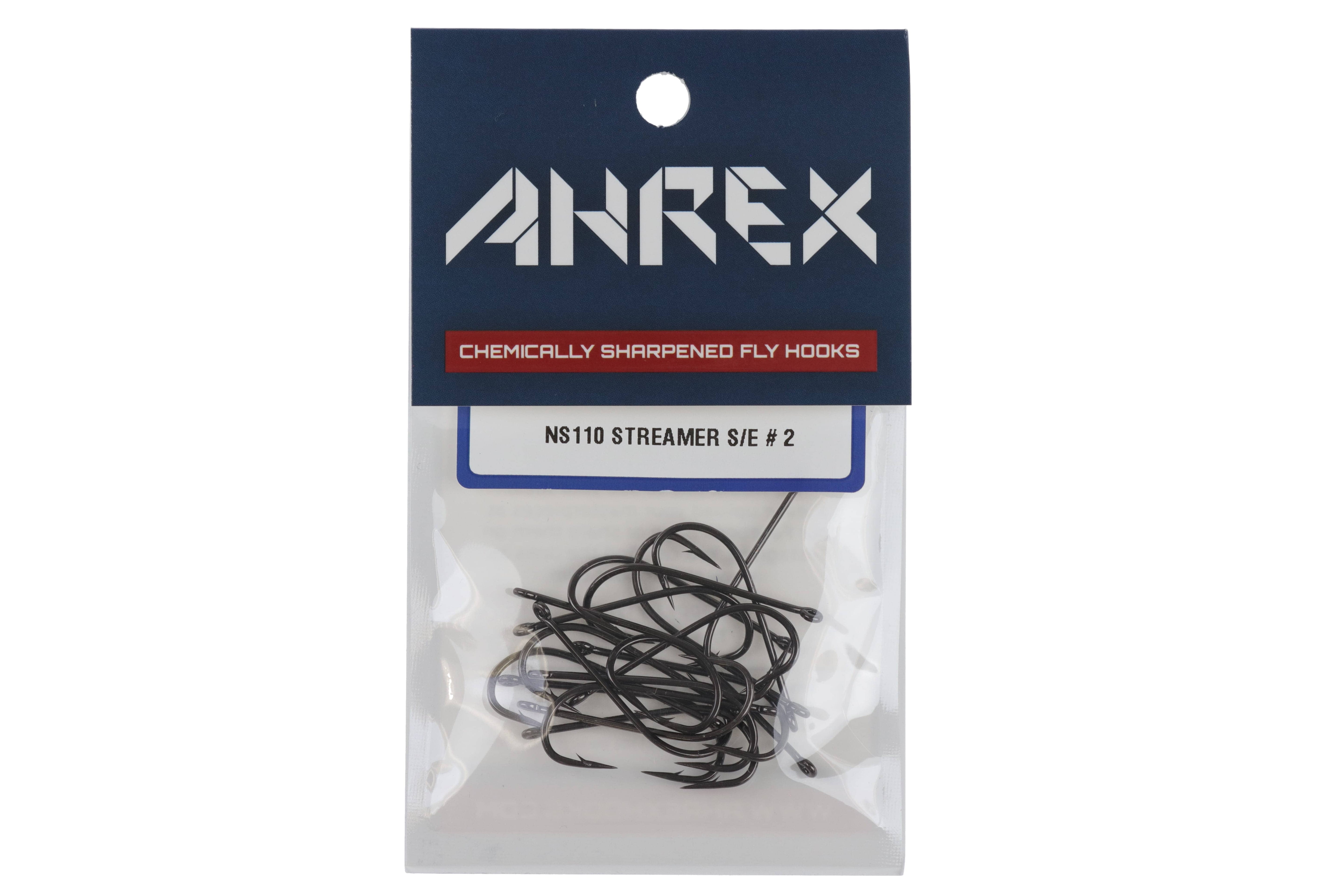 Ahrex NS110 streamer fly hooks pack with black chemically sharpened metal hooks, curved barbed streamer style in clear pouch