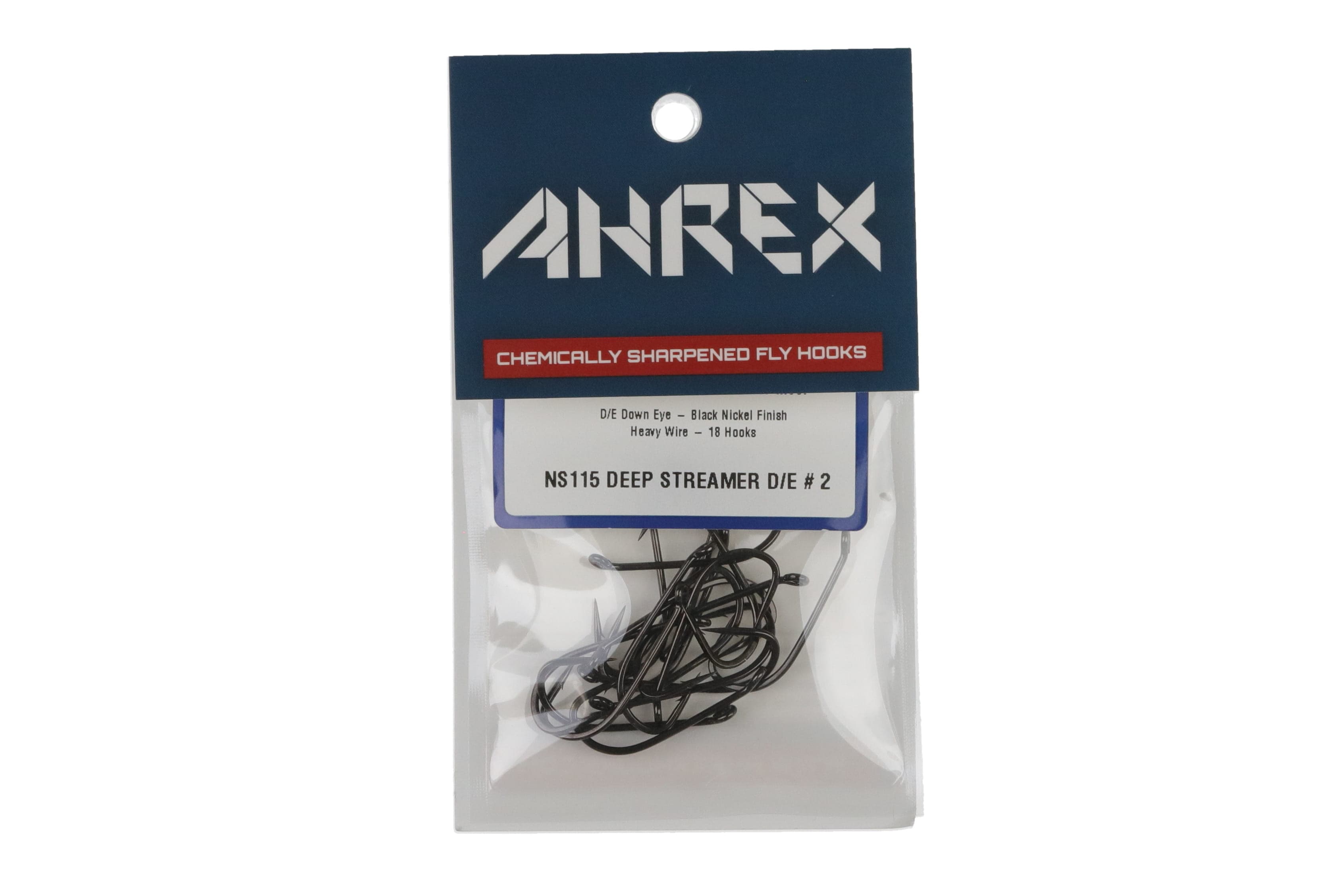 Ahrex NS115 deep streamer black nickel fly hooks in clear pack with blue header, heavy-wire down-eye design