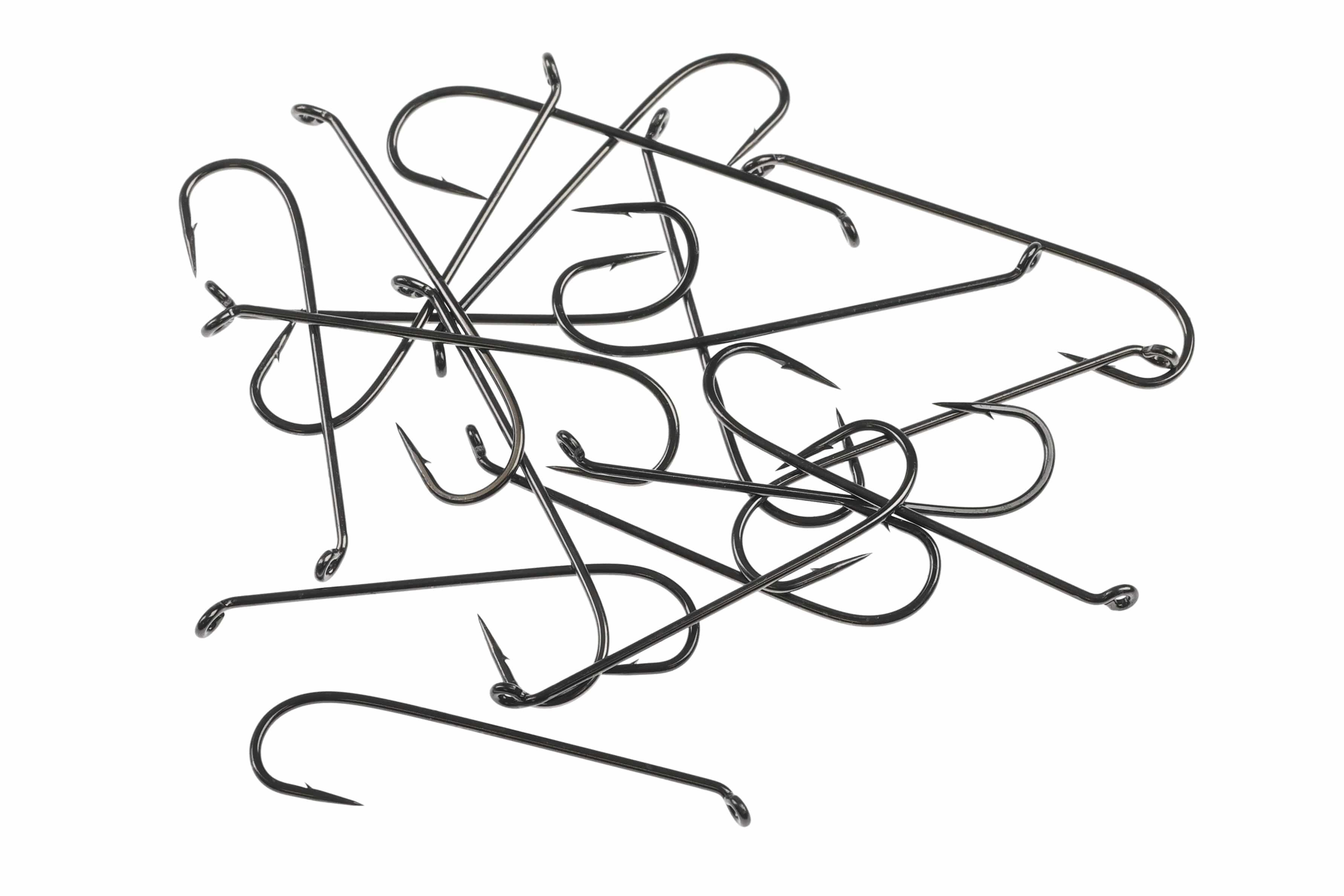 Scattered black glossy metal long-shank barbed streamer hooks with upturned eyes for fly tying