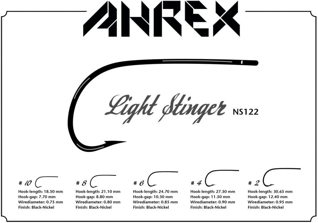 Ahrex NS122 Light Stinger black-nickel curved stinger hook illustration for fly tying, sizes #10 to #2 with measurements