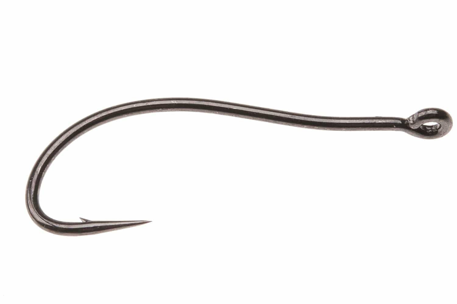 Ahrex black nickel curved shrimp hook with slim metal shank, wide curved gape and barbed point for fly tying
