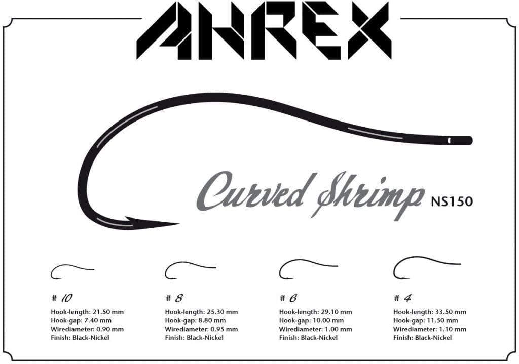 Ahrex NS150 curved shrimp hooks, black-nickel curved fly-tying hooks with barbed point and long curved shank