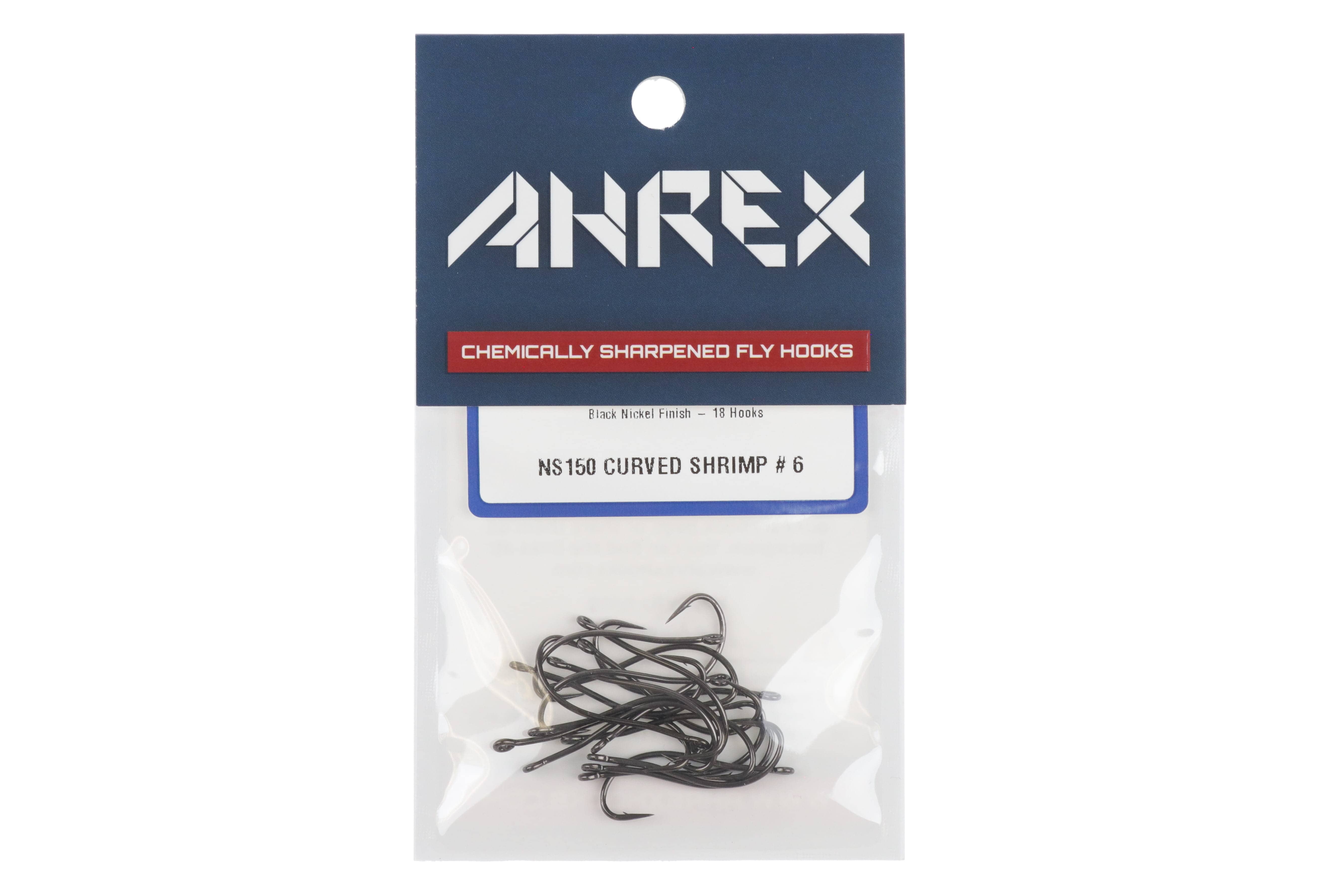 Ahrex NS150 curved shrimp hooks pack with black nickel curved barbed fly hooks and navy branded card