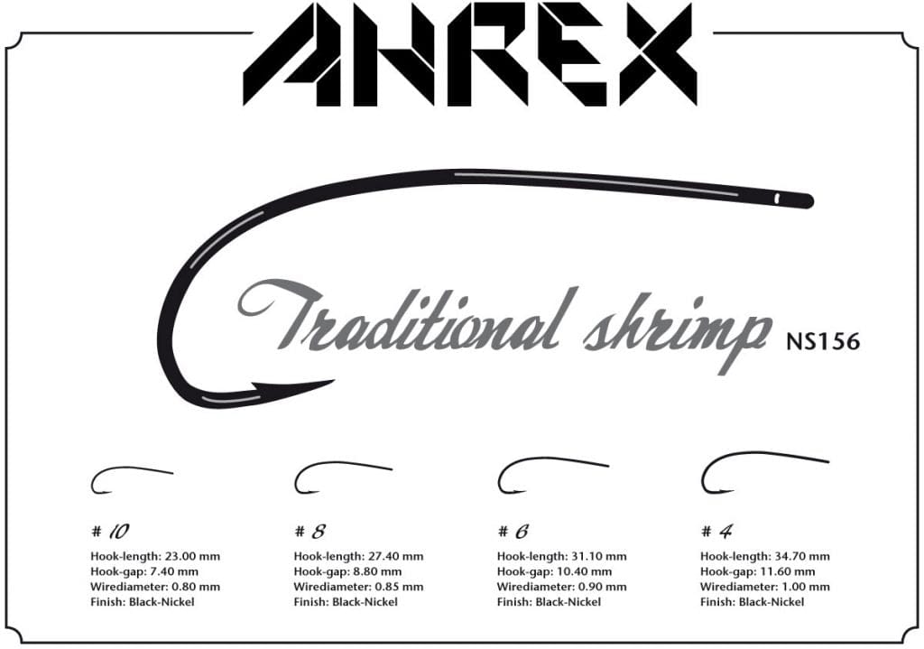 Ahrex NS156 traditional shrimp fly-tying hooks, black-nickel curved shrimp-style hooks displaying sizes #10 #8 #6 #4