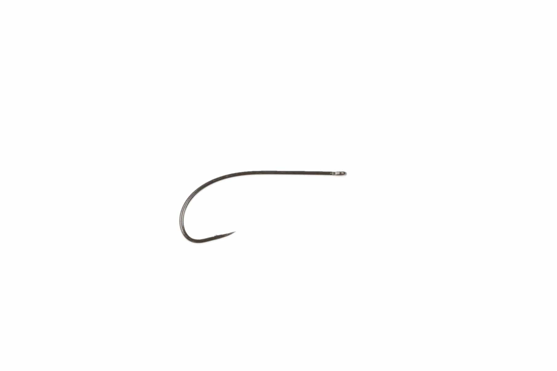 Ahrex NS156 dark gunmetal curved shrimp hook with downturned point and small eye for fly tying