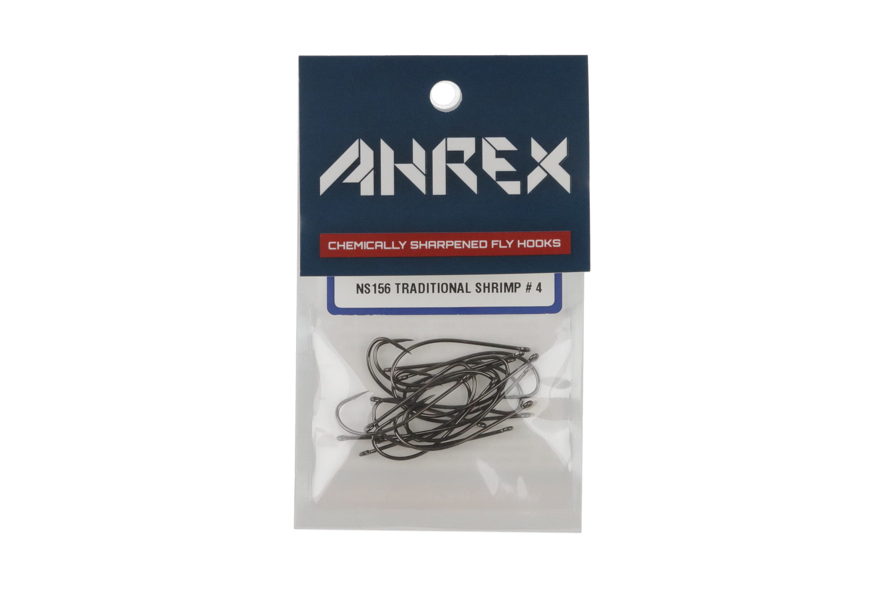 Ahrex NS156 traditional shrimp fly hooks pack with gunmetal curved metal hooks in clear pouch and navy branded hang card