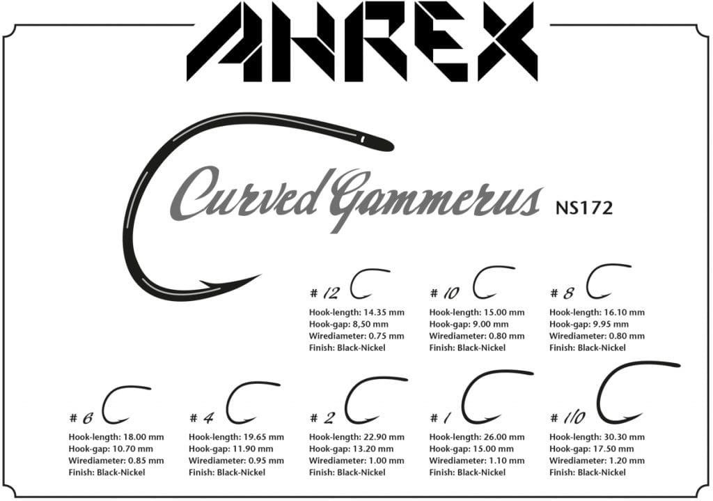 Ahrex NS172 Nordic Salt curved gammarus hooks label with black-nickel curved shank illustration and fly tying size chart