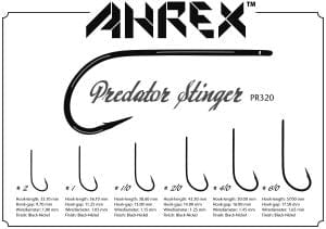 Black metal Ahrex PR320 Predator stinger curved hooks on white backing card with logo and size labels, fly tying hooks