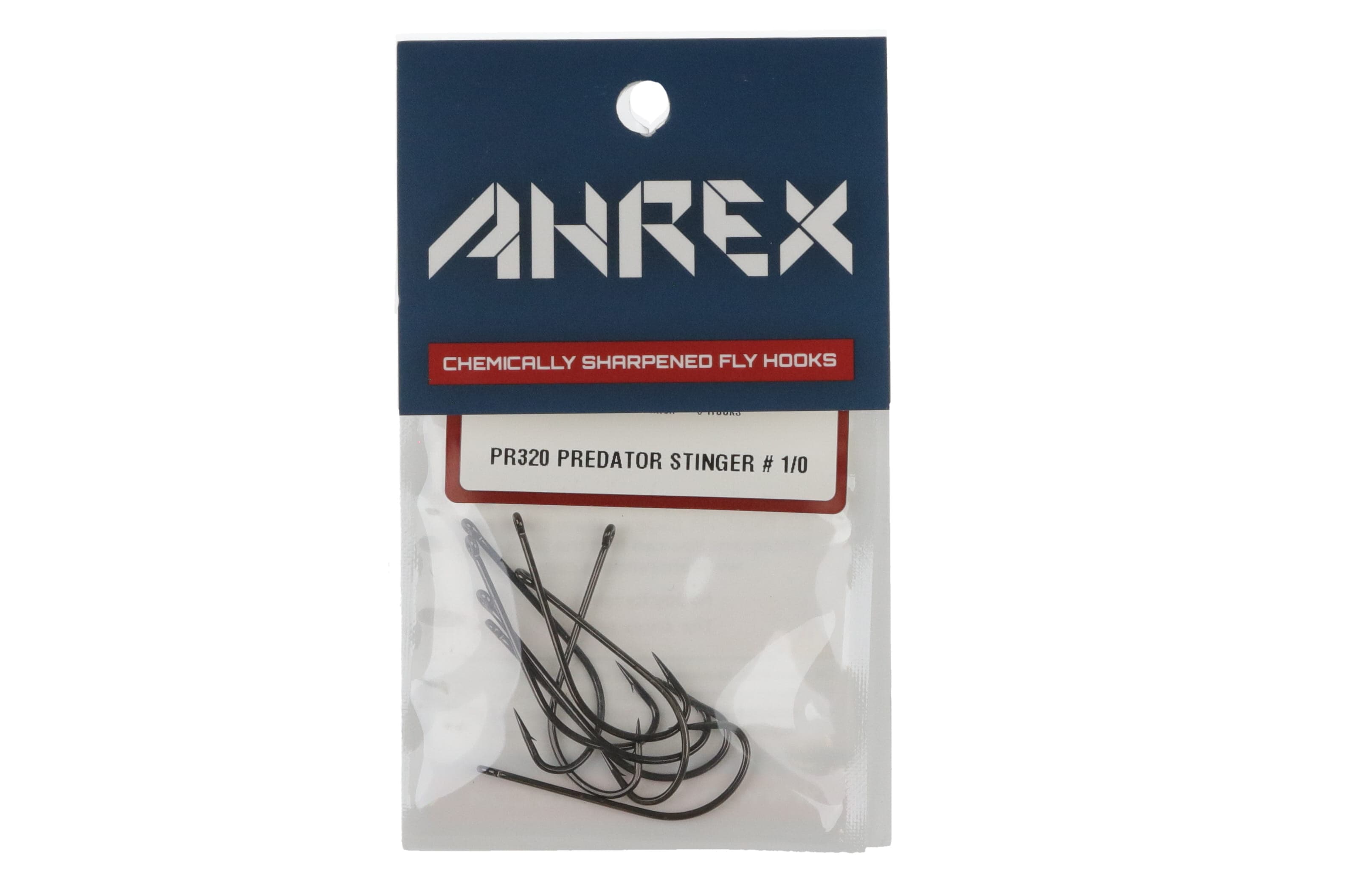 Ahrex PR320 predator stinger hooks pack with matte black chemically sharpened curved fly hooks in clear pouch and navy header