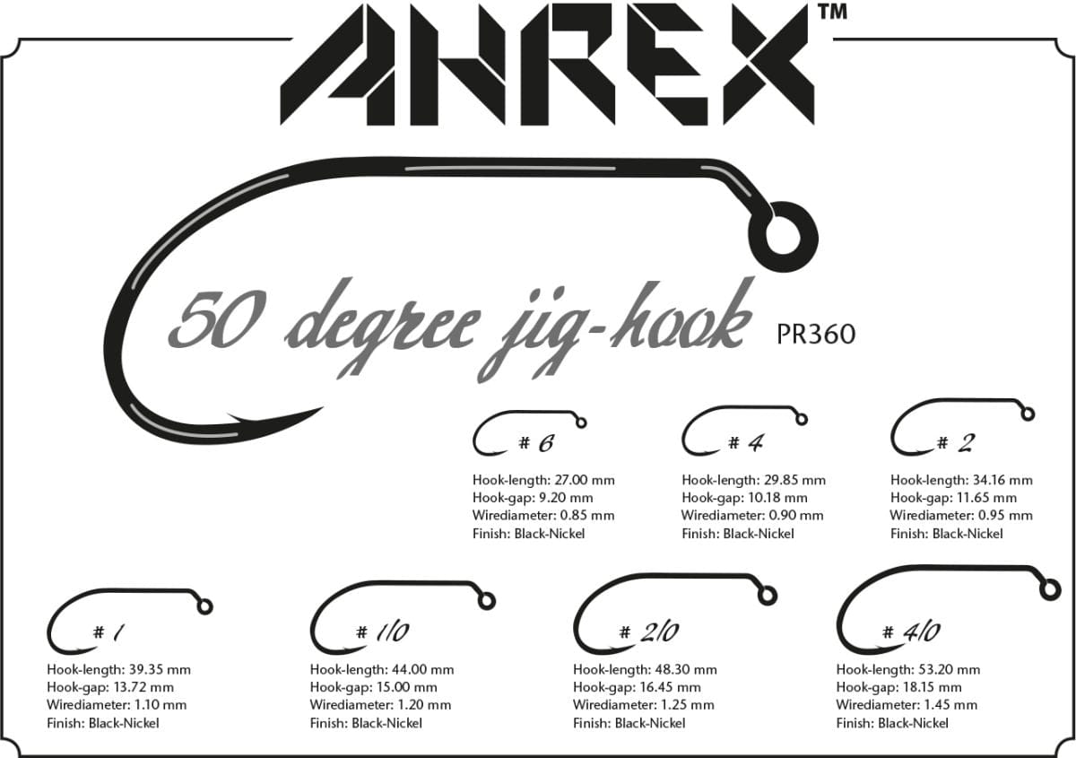 Ahrex PR360 jig hooks 50-degree black-nickel finish, curved shank with upturned ring eye and barbed point