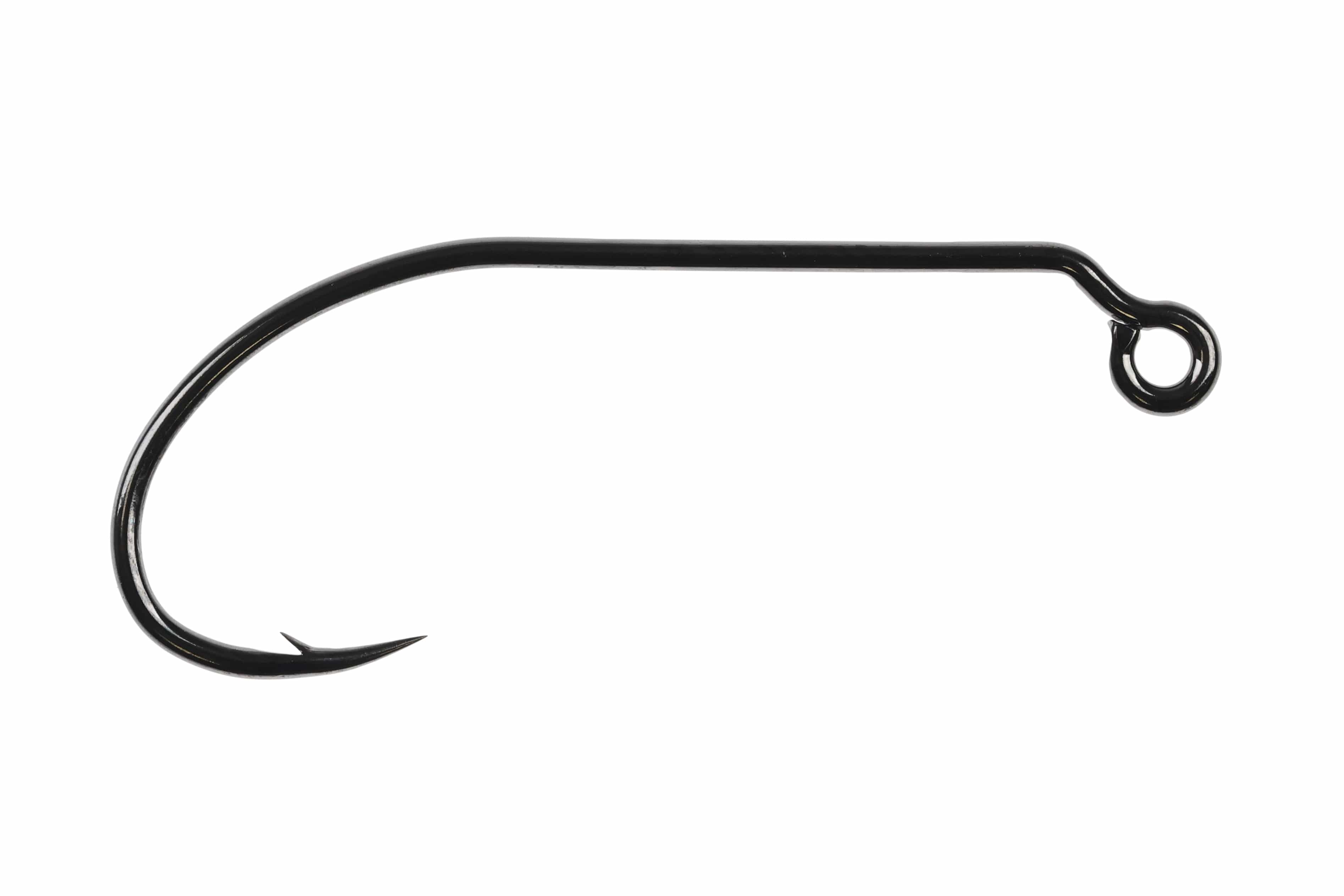 Ahrex PR360 black 50 degree jig hook with glossy metal shank, turned-down eye and sharp curved point with barb for fly tying