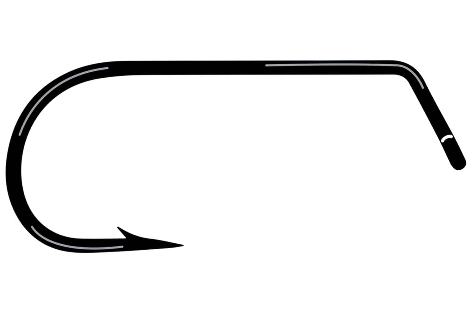 Black 60-degree bent streamer hook with long straight shank, angled eye and sharp barbed point, glossy steel fly tying hook