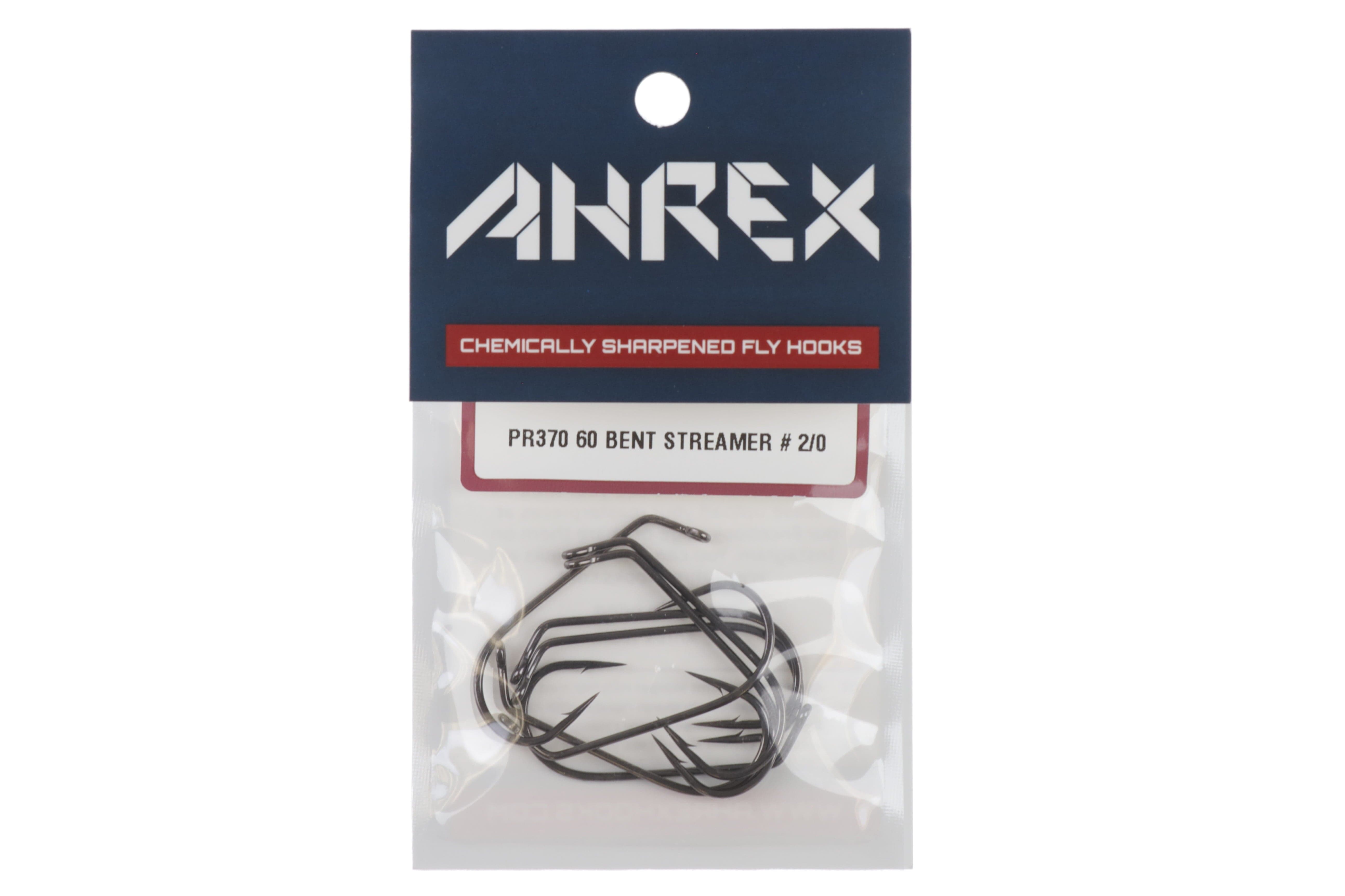 Ahrex PR370 matte black 60 degree bent streamer fly hooks in clear plastic pack with navy header and red label