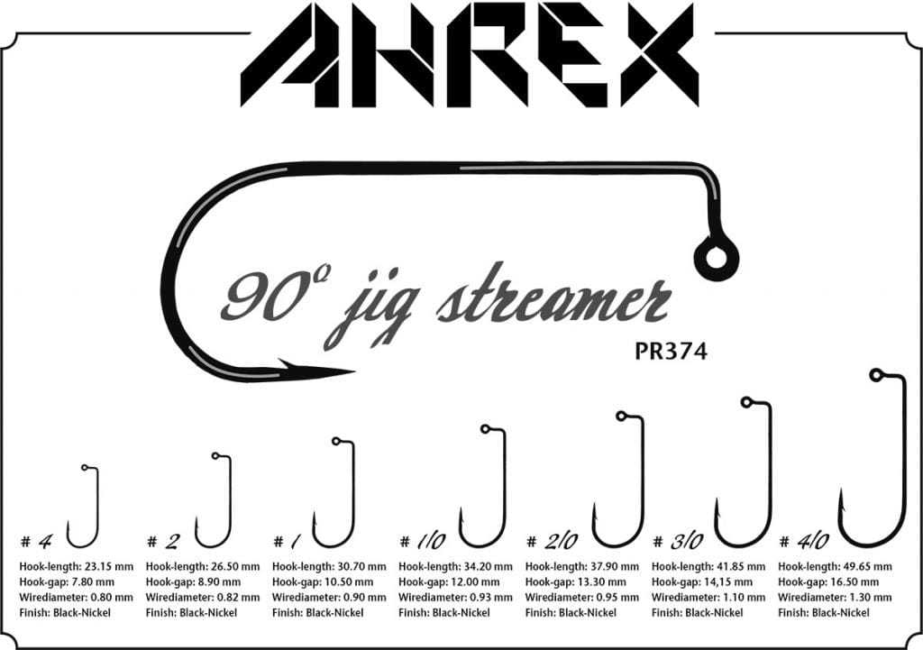 Ahrex PR374 black-nickel 90° jig hooks display showing multiple sizes for fly tying streamer